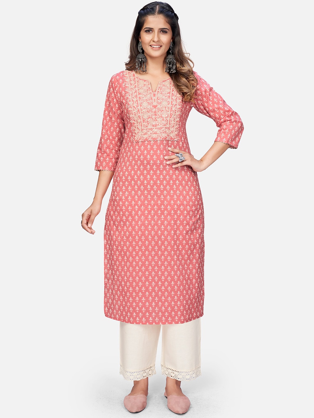 

Vbuyz Women Peach-Coloured Embroidered Printed Thread Work Kurta