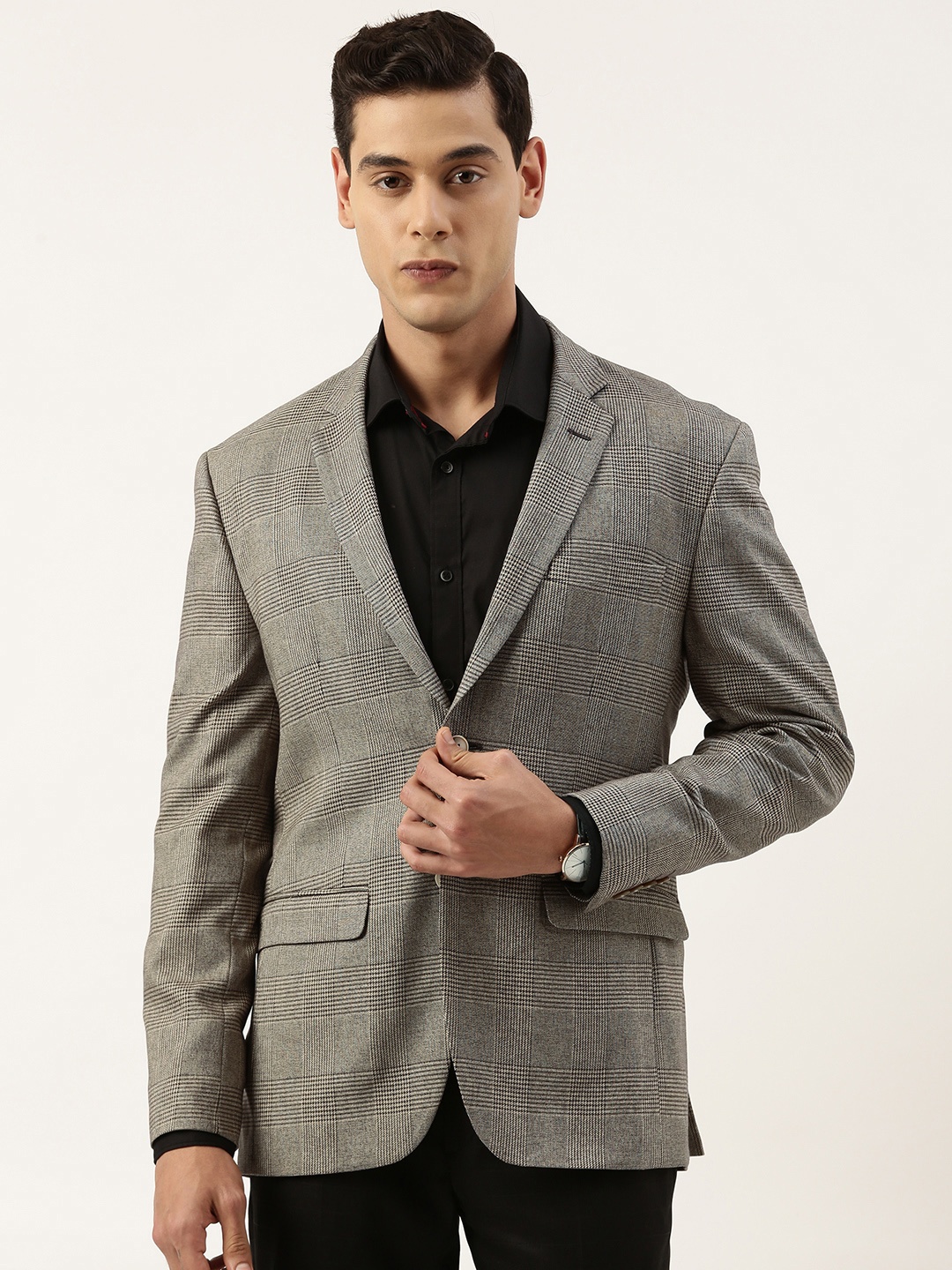 

Peter England Men Brown & Black Checked Neo Slim Fit Single-Breasted Formal Blazer