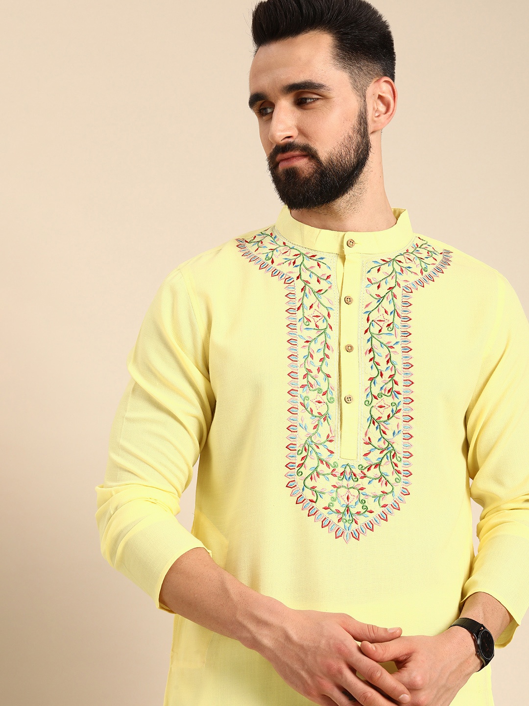 

Anouk Men Yellow Floral Embroidered Kurta