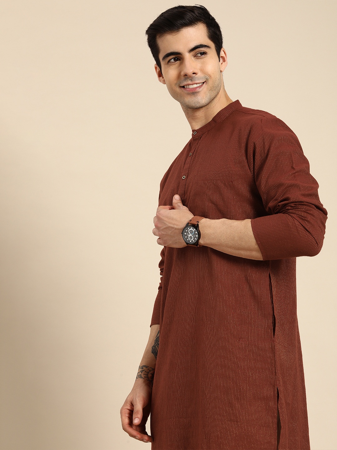 

Anouk Men Rust Brown & Gold-Toned Zari Striped Kurta