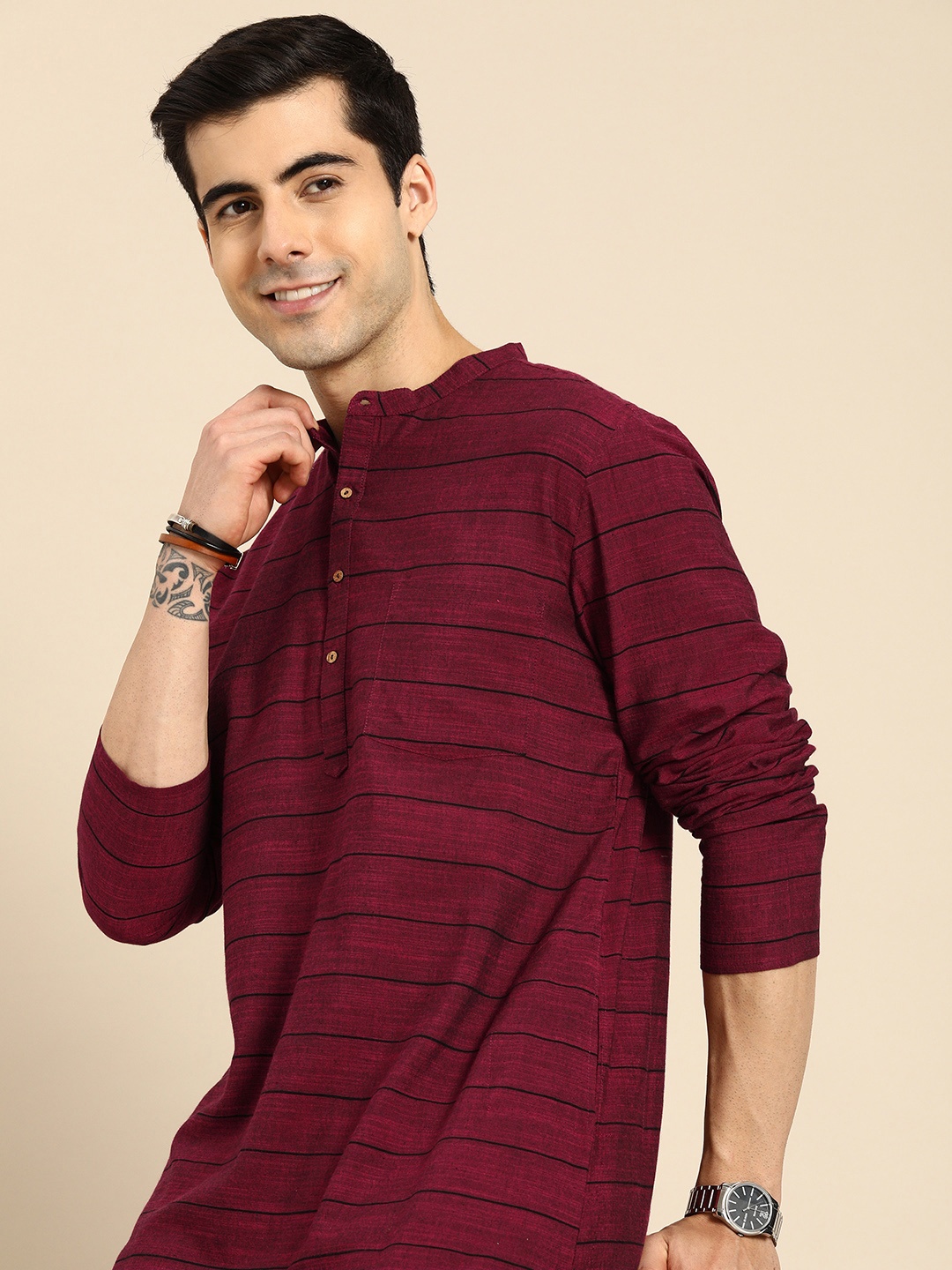 

Anouk Men Maroon Striped Kurta