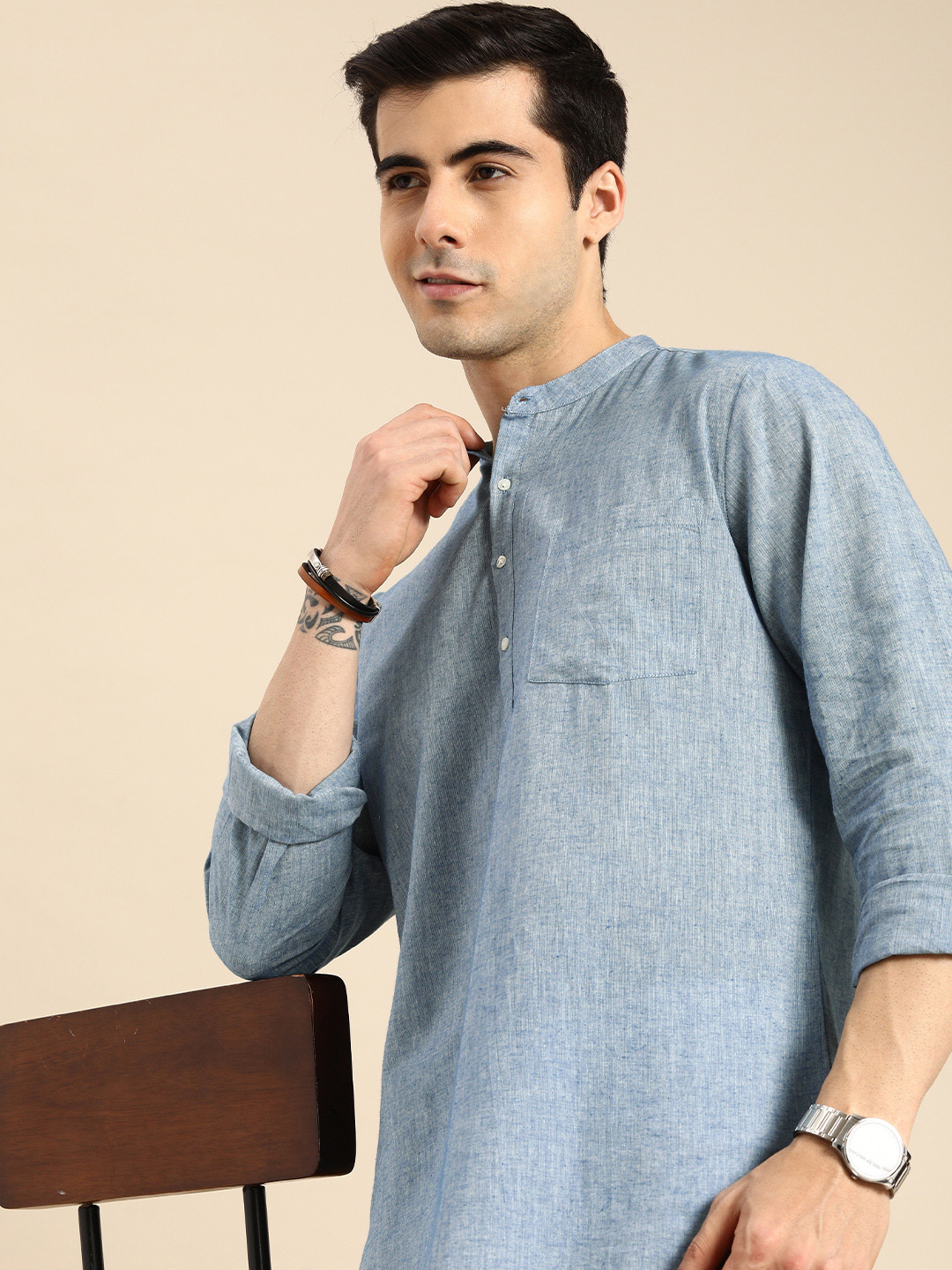

Anouk Men Blue Solid Pure Cotton Kurta