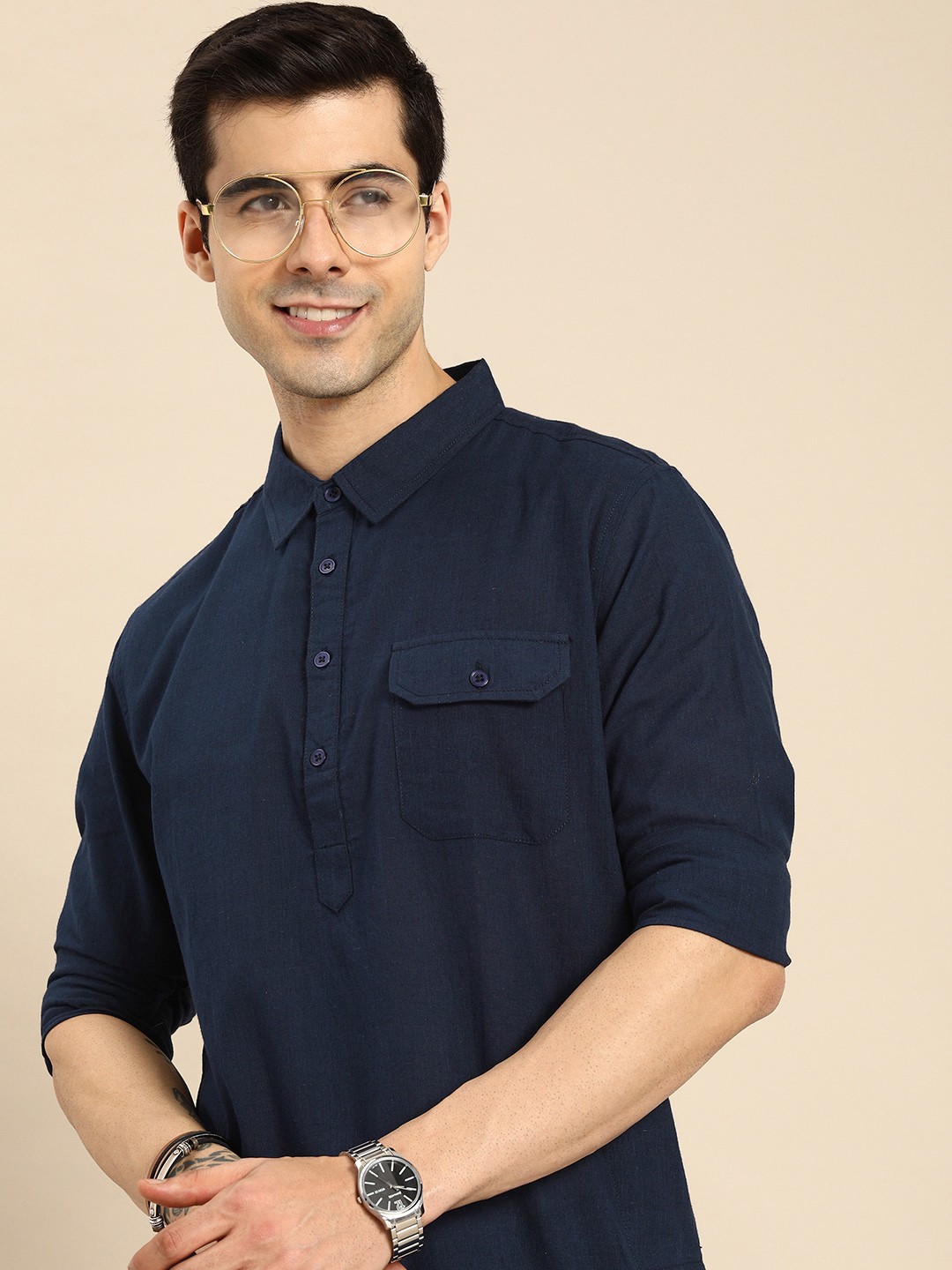 

Anouk Men Navy Blue Solid Straight Kurta