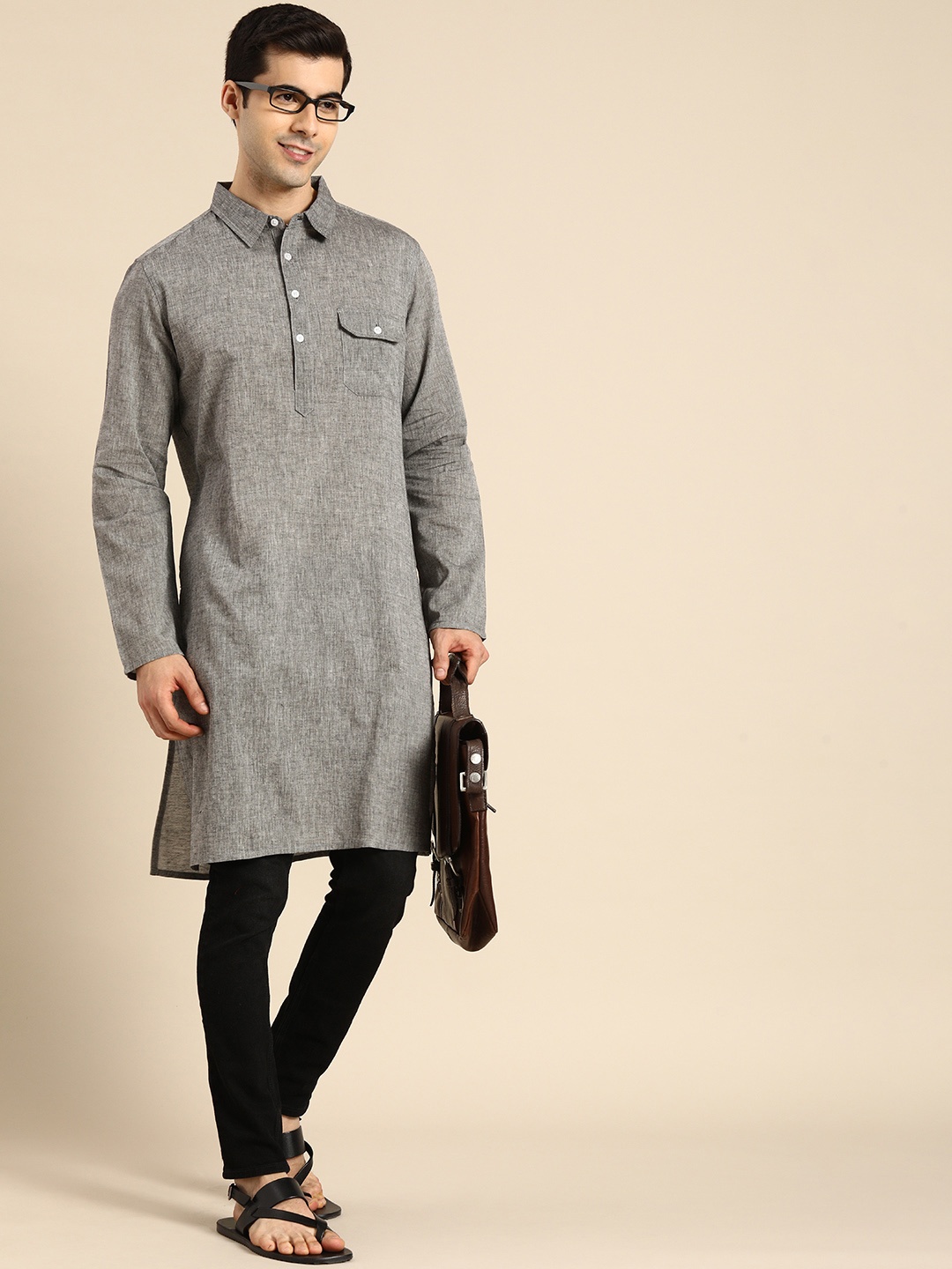 

Anouk Men Grey Shirt Collar Kurta