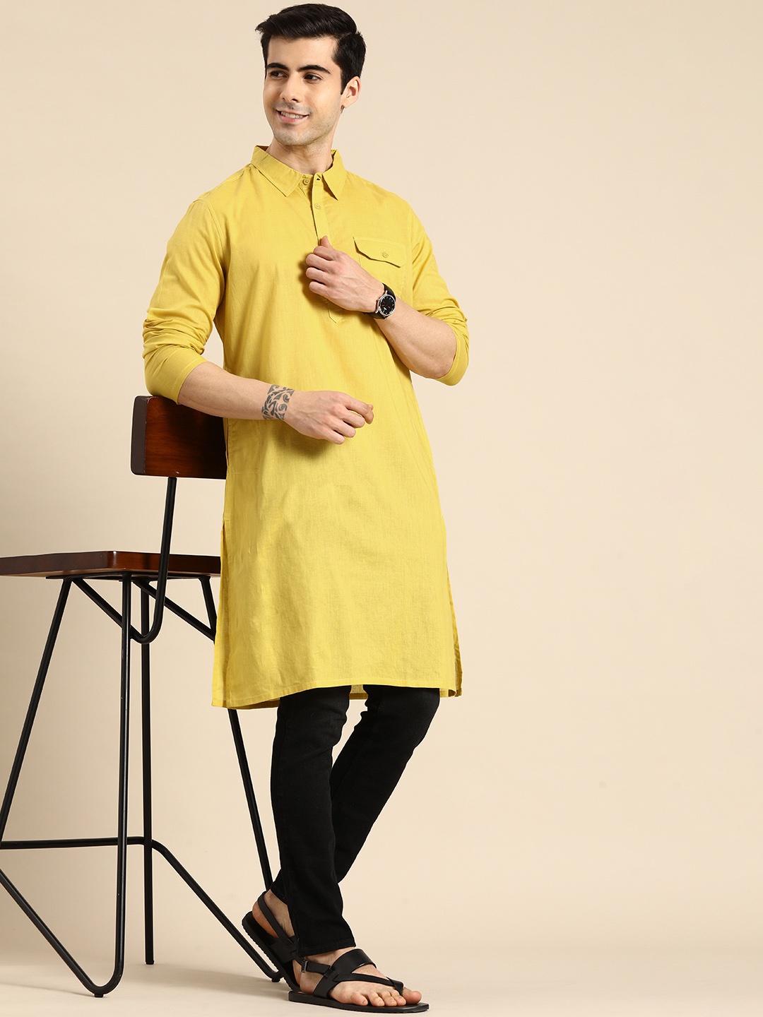 

Anouk Men Lime Green Shirt Collar Kurta
