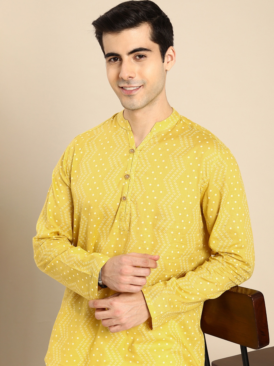 

Anouk Men Mustard Yellow Ethnic Motifs Printed Pure Cotton Kurta