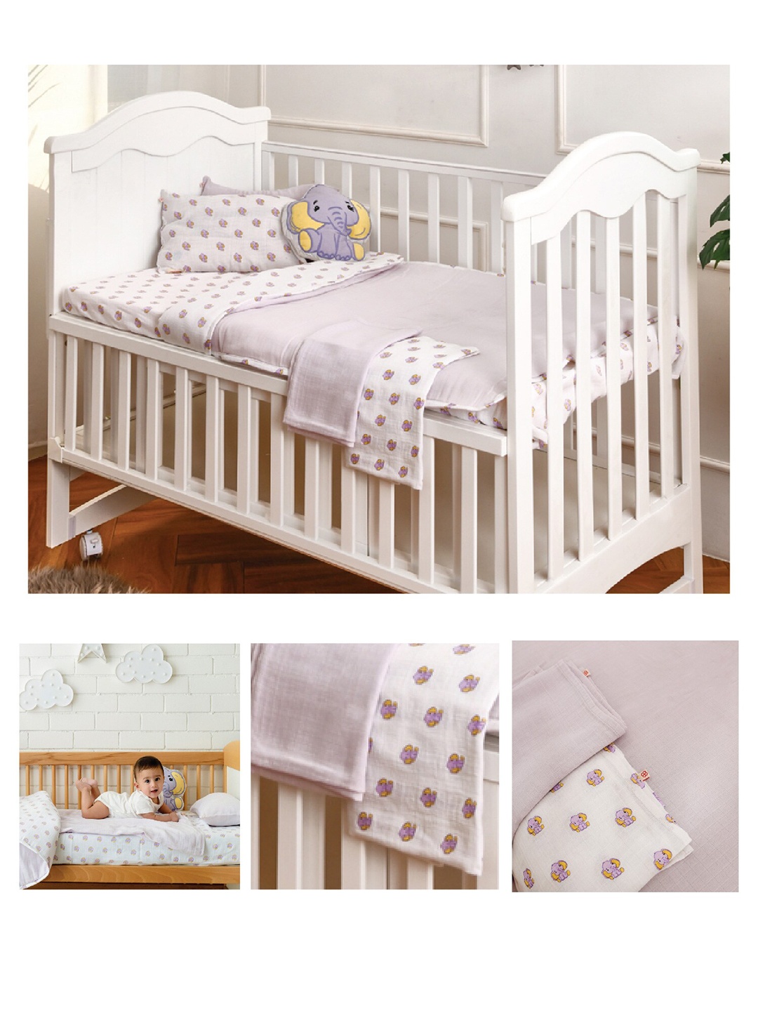 

GREENDIGO Kids Cream-Colored & Purple Printed Baby Cot Set, White