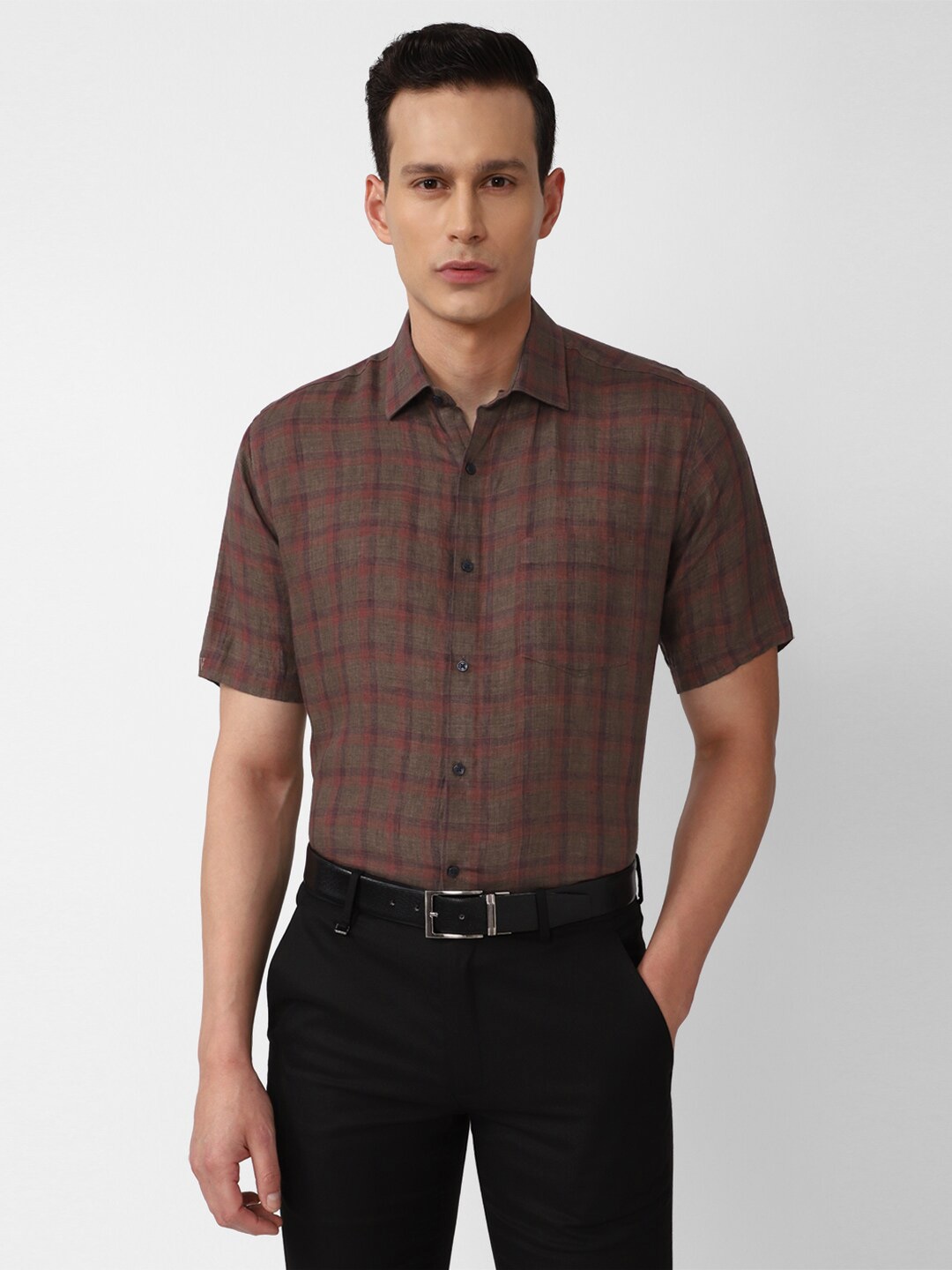 

Van Heusen Men Brown Tartan Checked Linen Casual Shirt