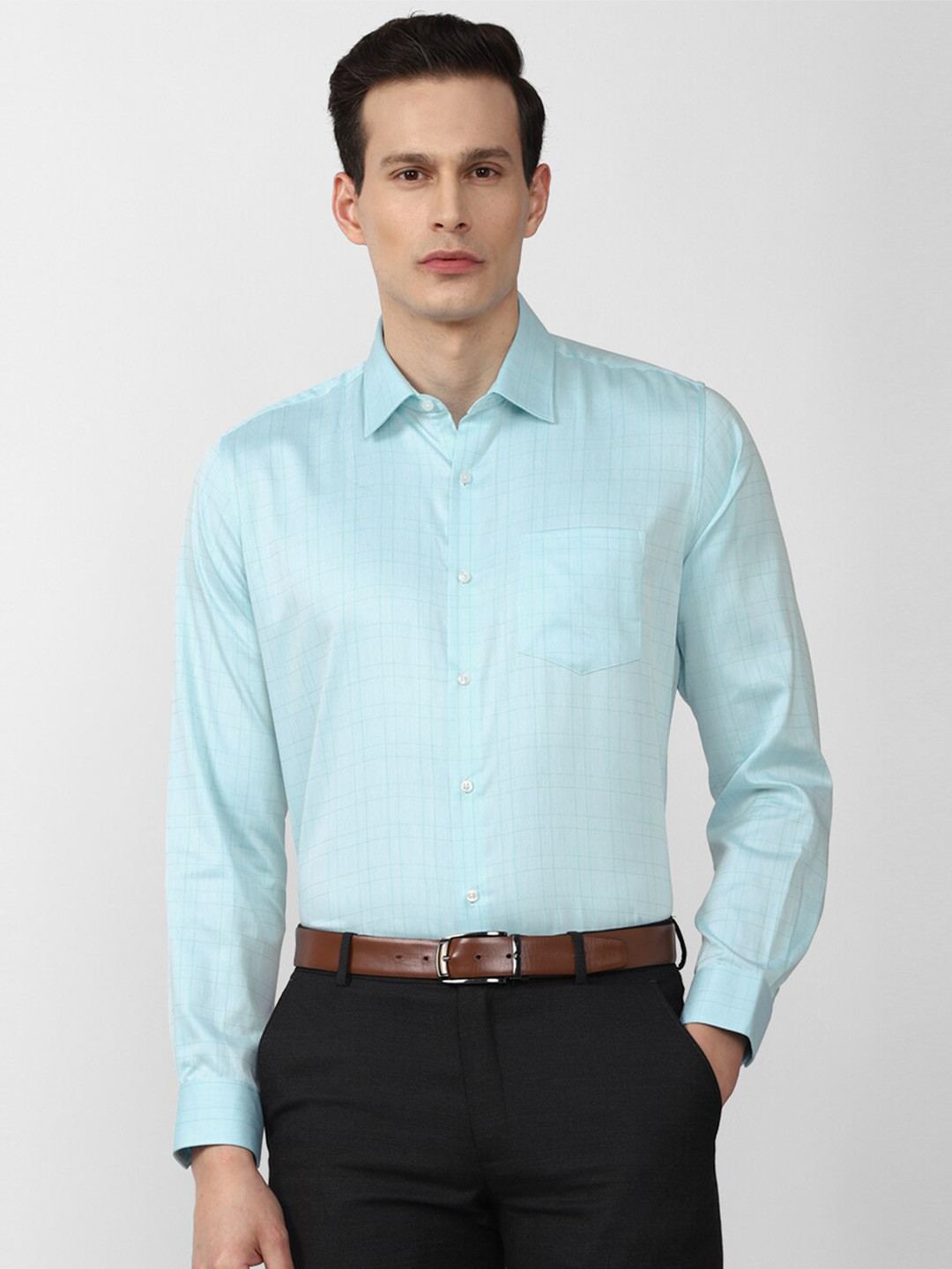 

Van Heusen Men Blue Cotton Checked Formal Long Sleeves Shirt