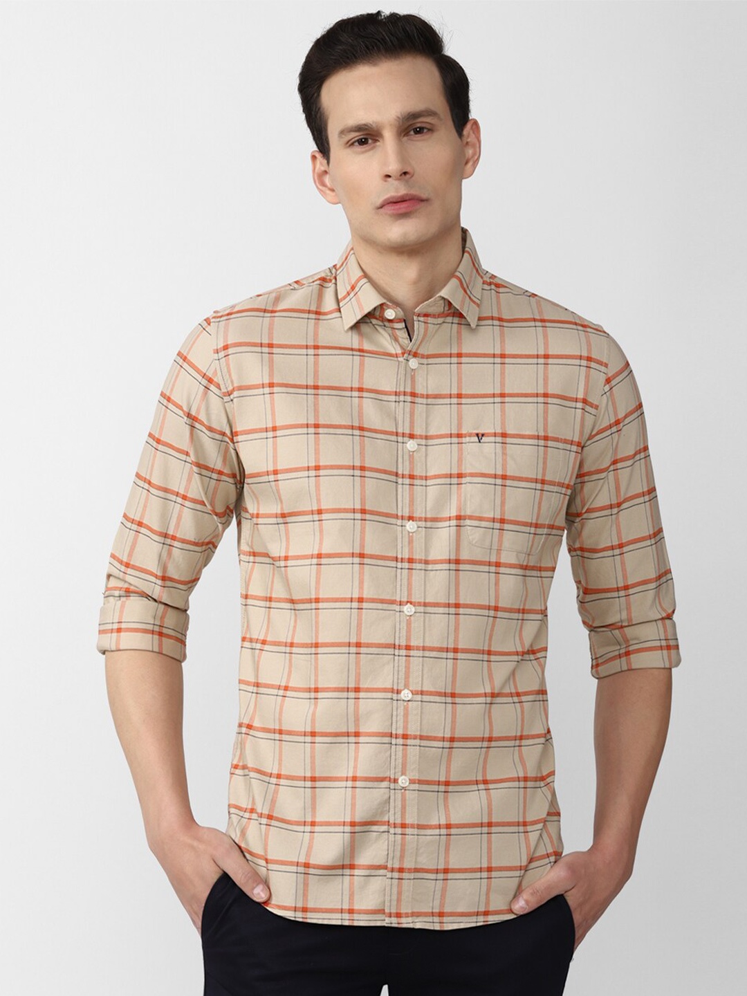 

Van Heusen Sport Men Khaki Slim Fit Checked Pure Cotton Casual Shirt