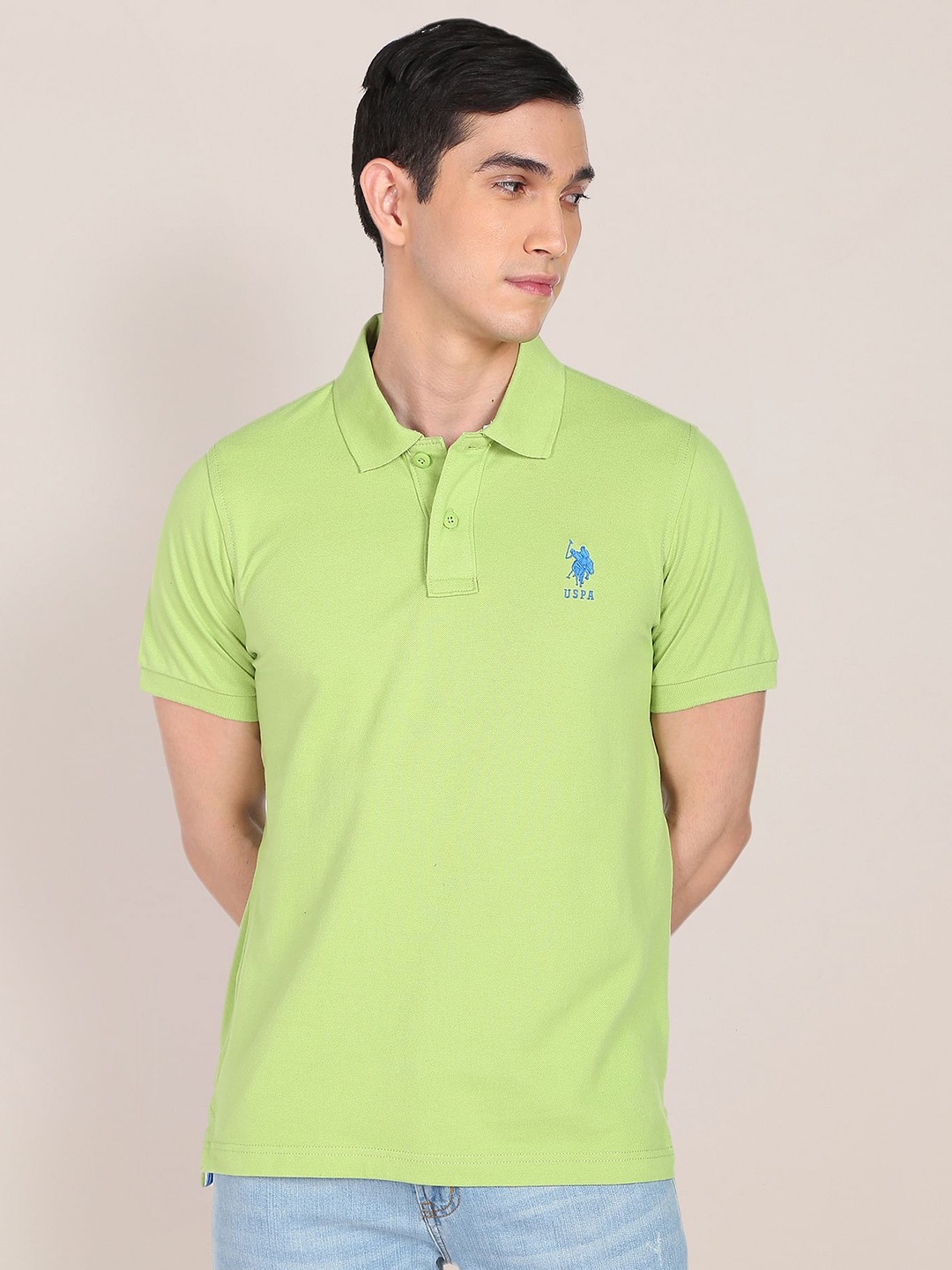 

U S Polo Assn Men Green Polo Collar Pure Cotton Slim Fit T-shirt