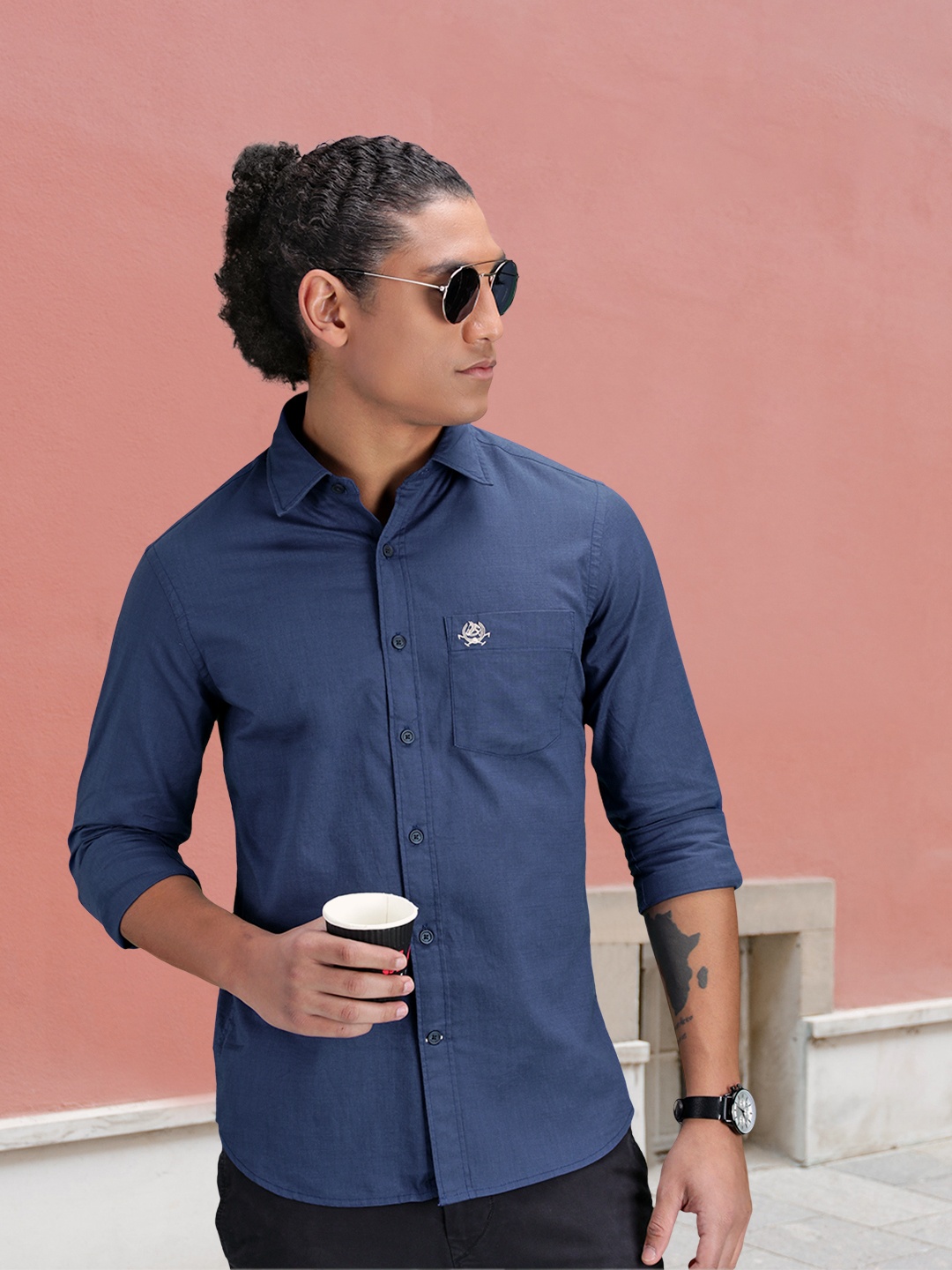 

U.S. Polo Assn. Men Navy Blue Solid Pure Cotton Tailored Fit Casual Shirt