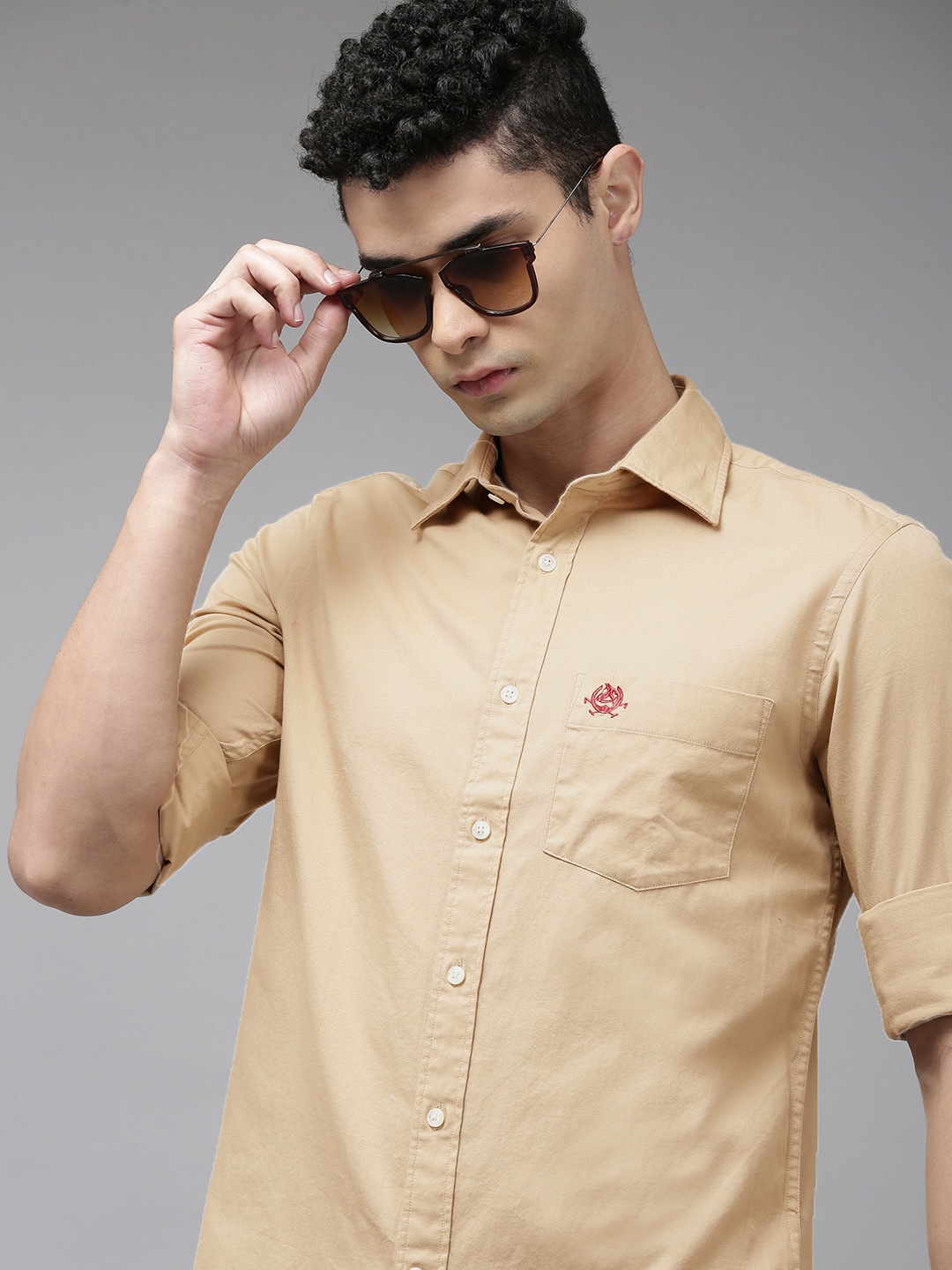 

U S Polo Assn Men Beige Solid Tailored Fit Pure Cotton Casual Shirt