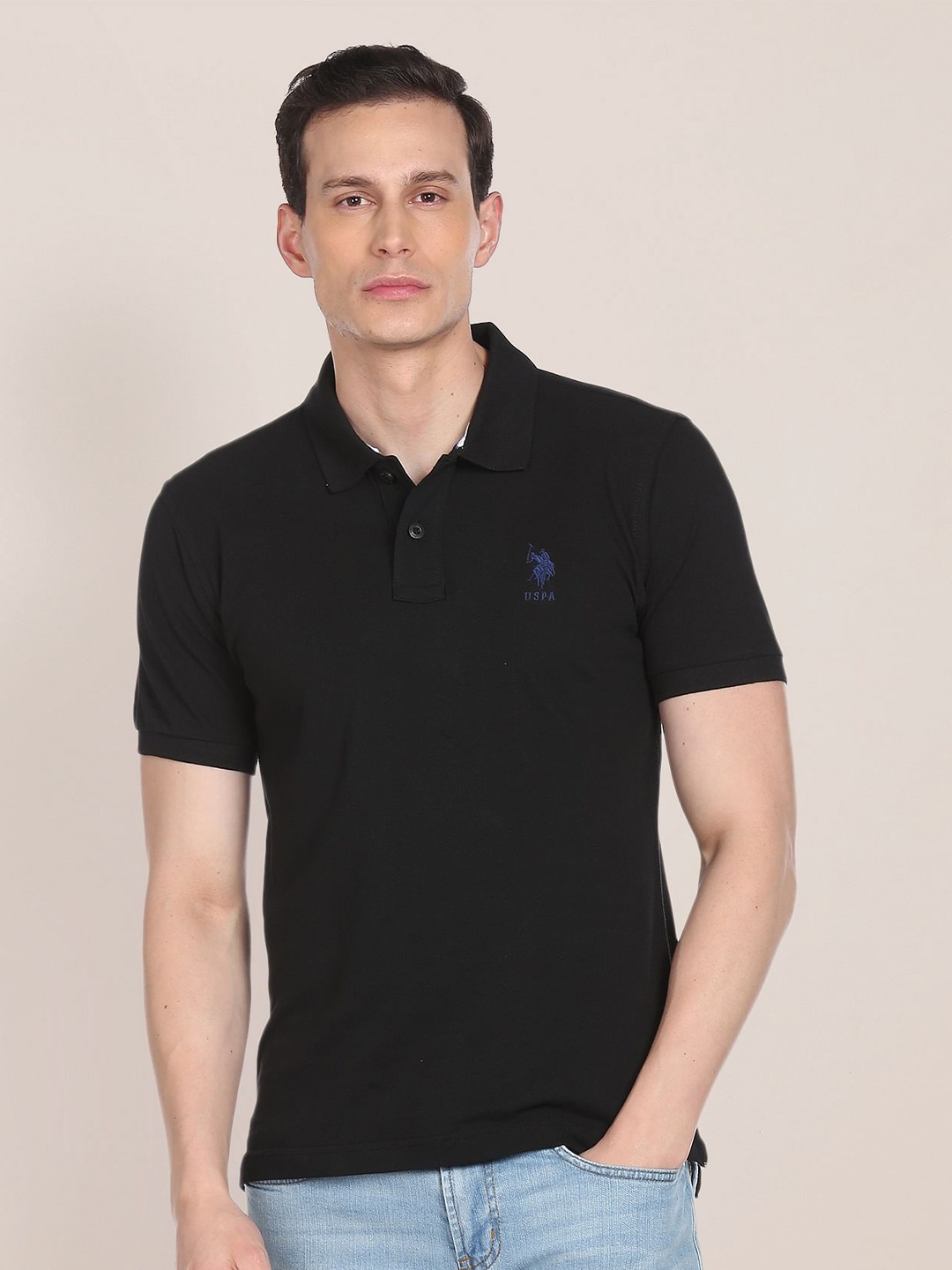 

U S Polo Assn Men Solid Polo Collar Pure Cotton Slim Fit T-shirt, Black