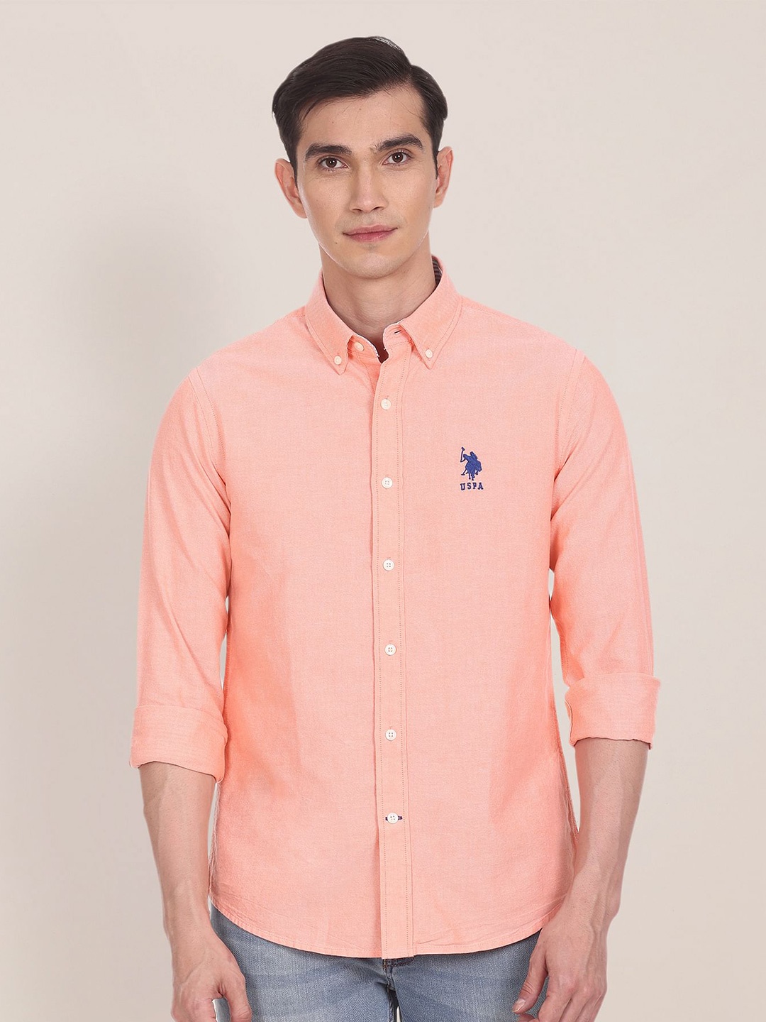 

U S Polo Assn Men Embroidered Tailored Fit Pure Cotton Casual Shirt, Peach