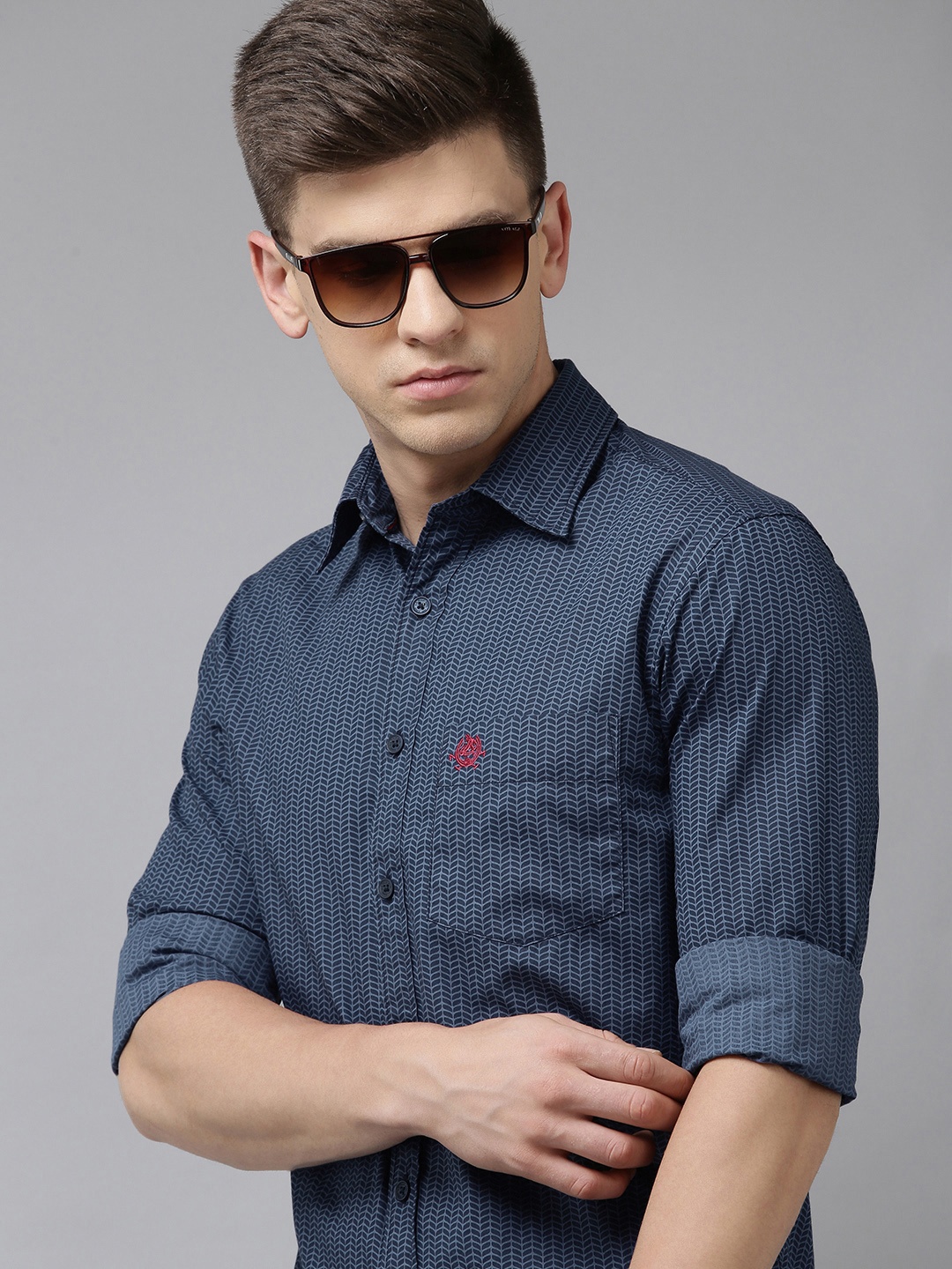 

U.S. Polo Assn. Men Navy Blue Tailored Fit Conversational Opaque Printed Pure Cotton Shirt