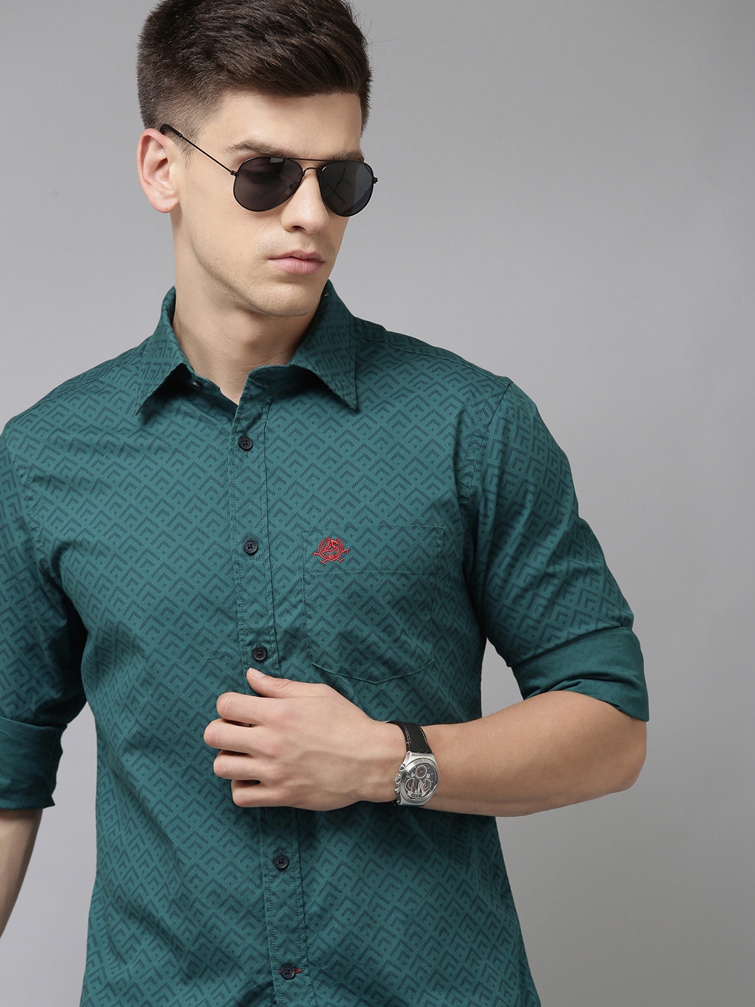 

U S Polo Assn Men Teal Blue Tailored Fit Printed Pure Cotton Casual Shirt