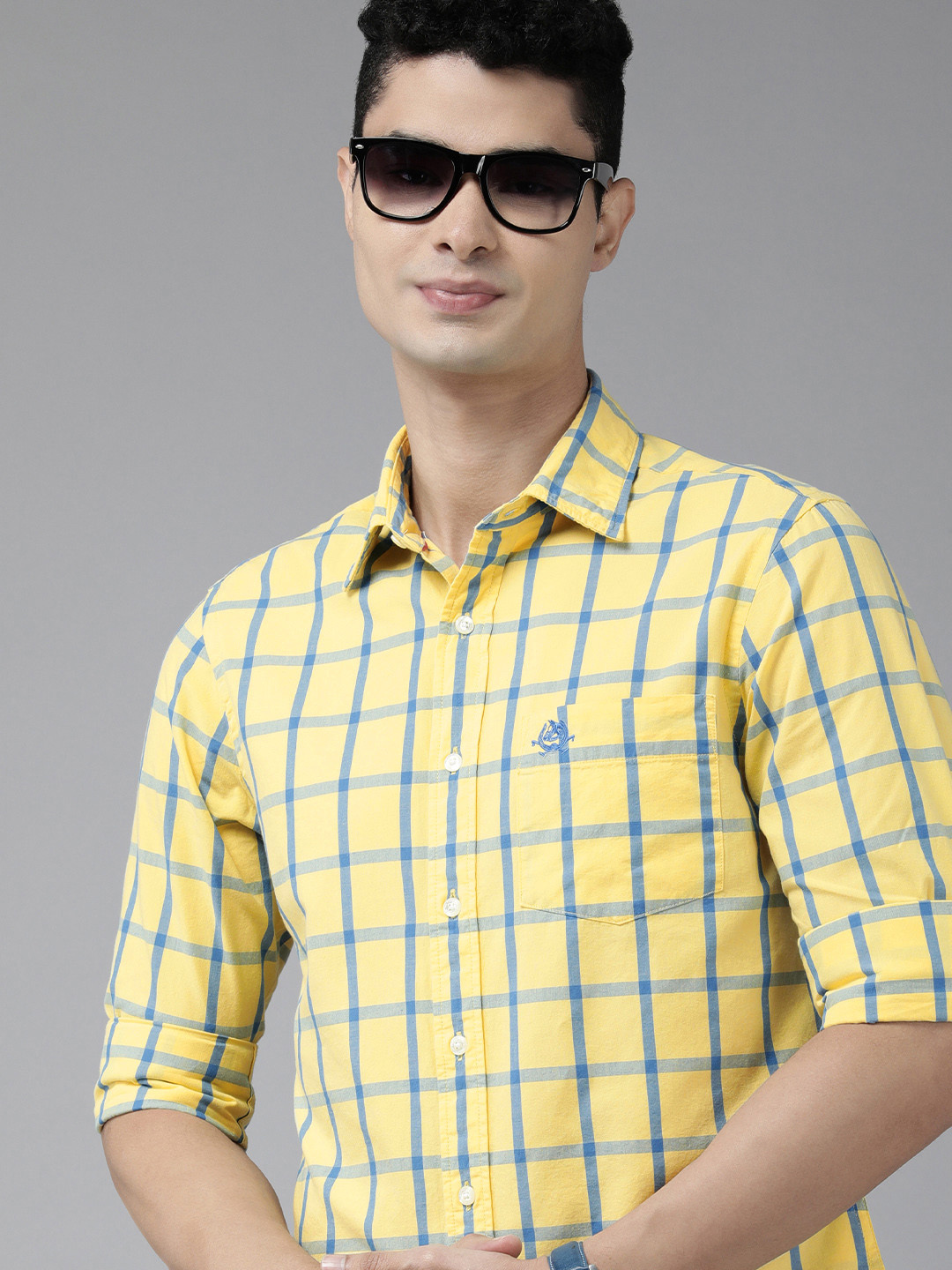 

U S Polo Assn Men Yellow & Blue Tailored Fit Checked Pure Cotton Casual Shirt