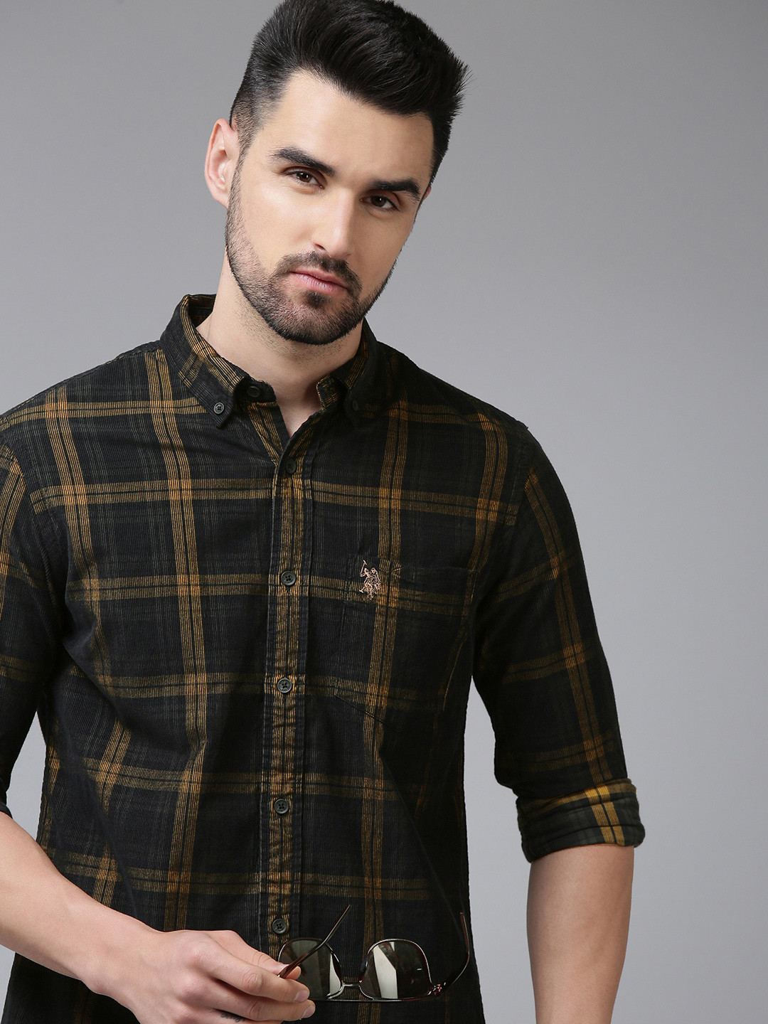 

U S Polo Assn Men Black & Yellow Tailored Fit Tartan Checked Corduroy Cotton Casual Shirt