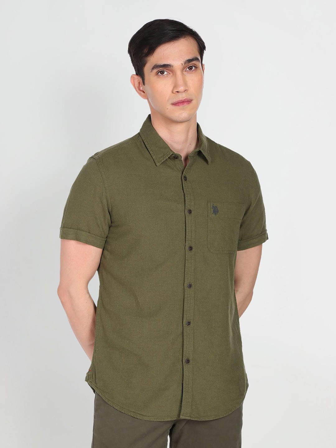 

U S Polo Assn Denim Co Men Olive Green Solid Pure Cotton Slim Fit Casual Shirt