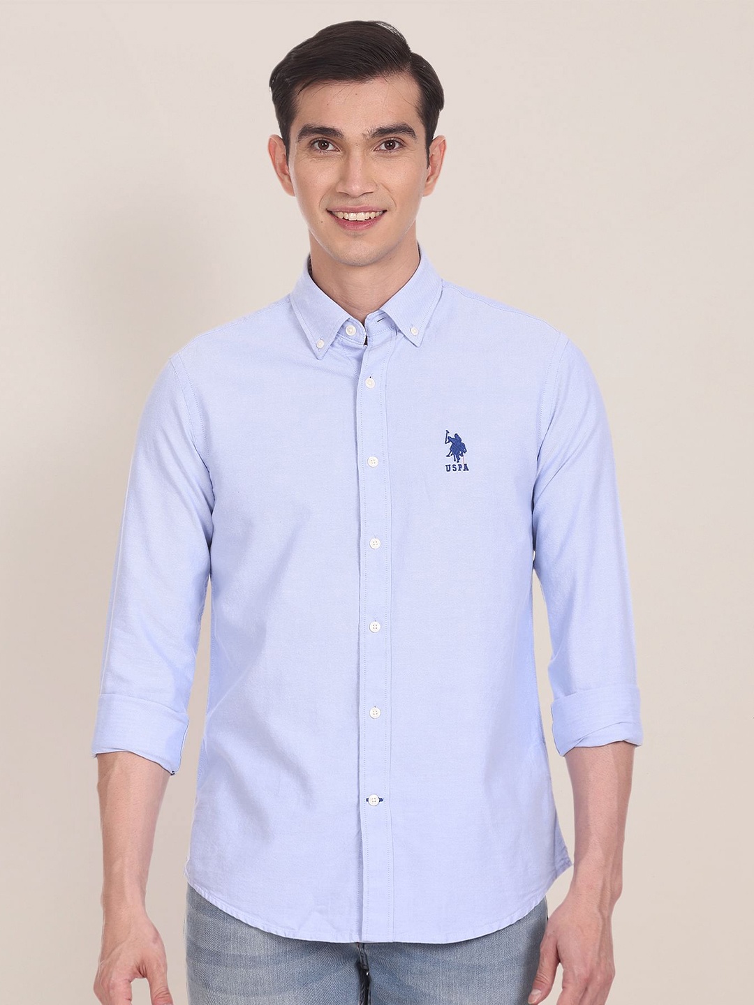 

U S Polo Assn Men Embroidered Tailored Fit Pure Cotton Casual Shirt, Blue