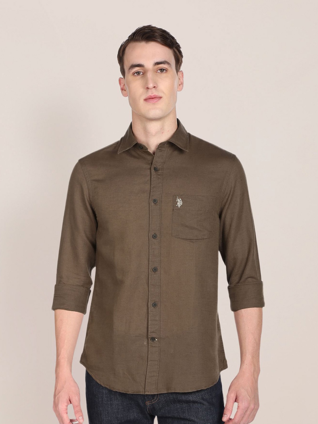 

U.S. Polo Assn. Men Brown Solid Tailored Fit Casual Shirt