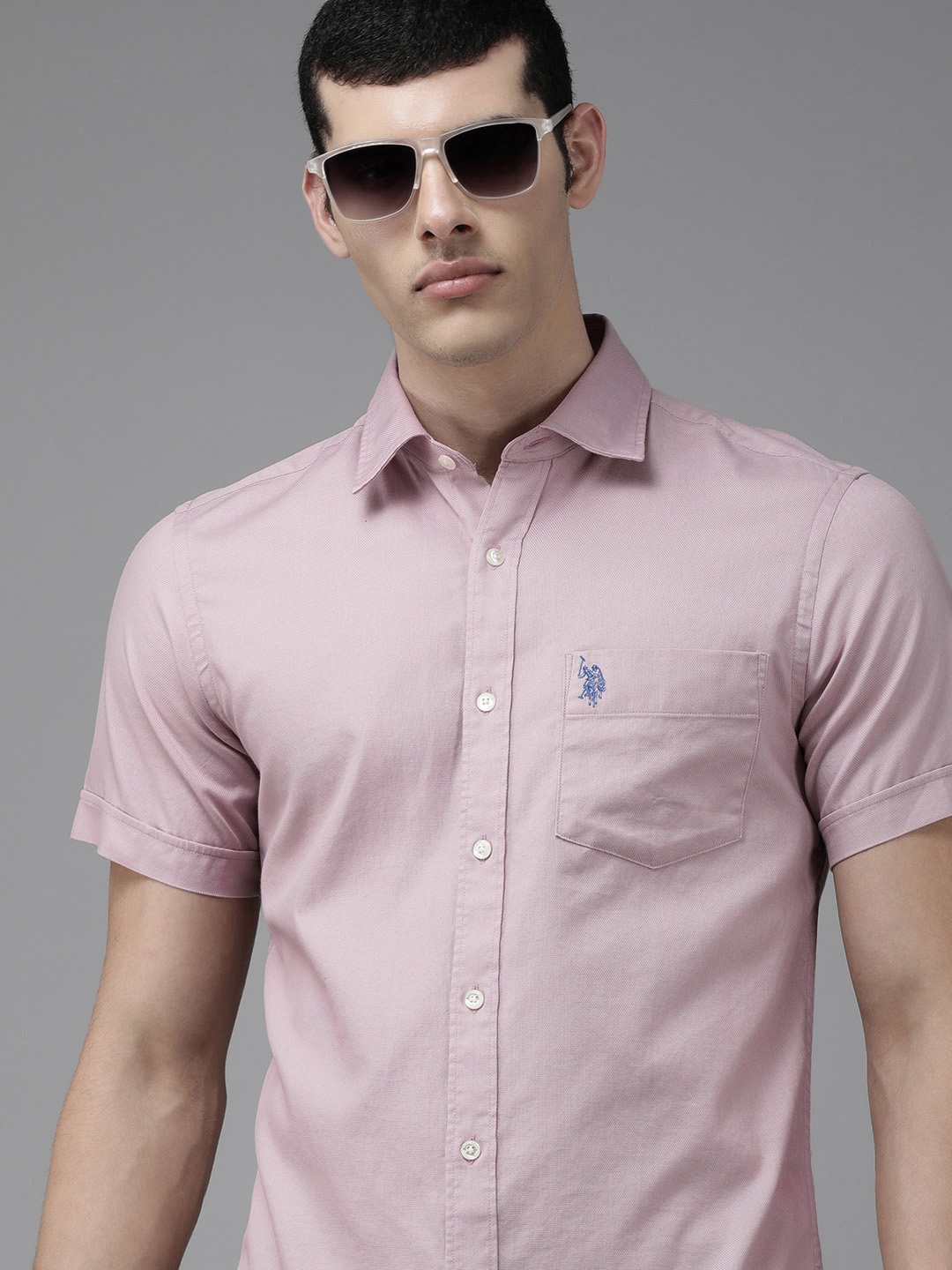 

U S Polo Assn Men Pink Tailored Fit Solid Pure Cotton Casual Shirt