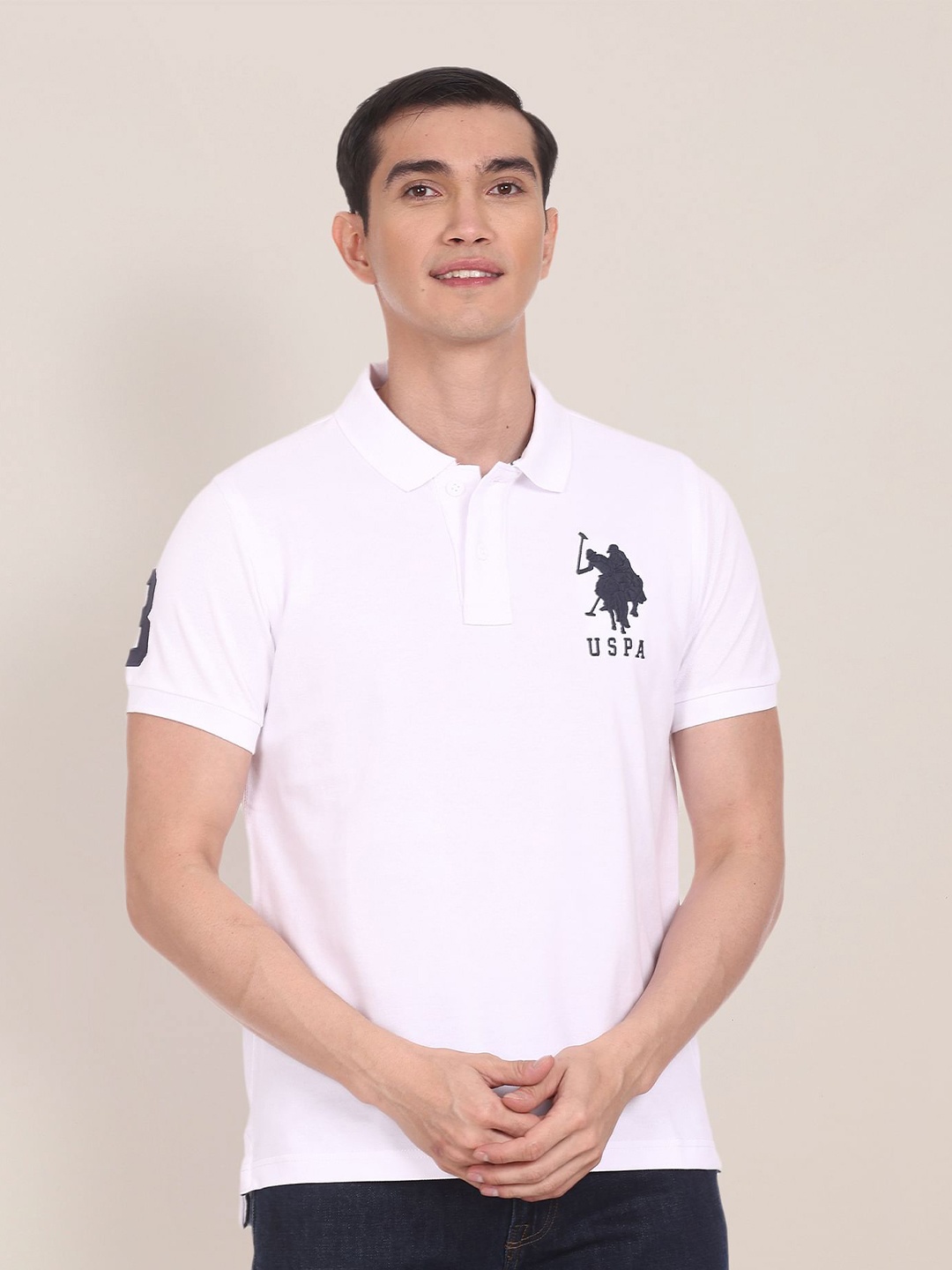 

U.S. Polo Assn. Men White Solid Polo Collar Pure Cotton Slim Fit T-shirt