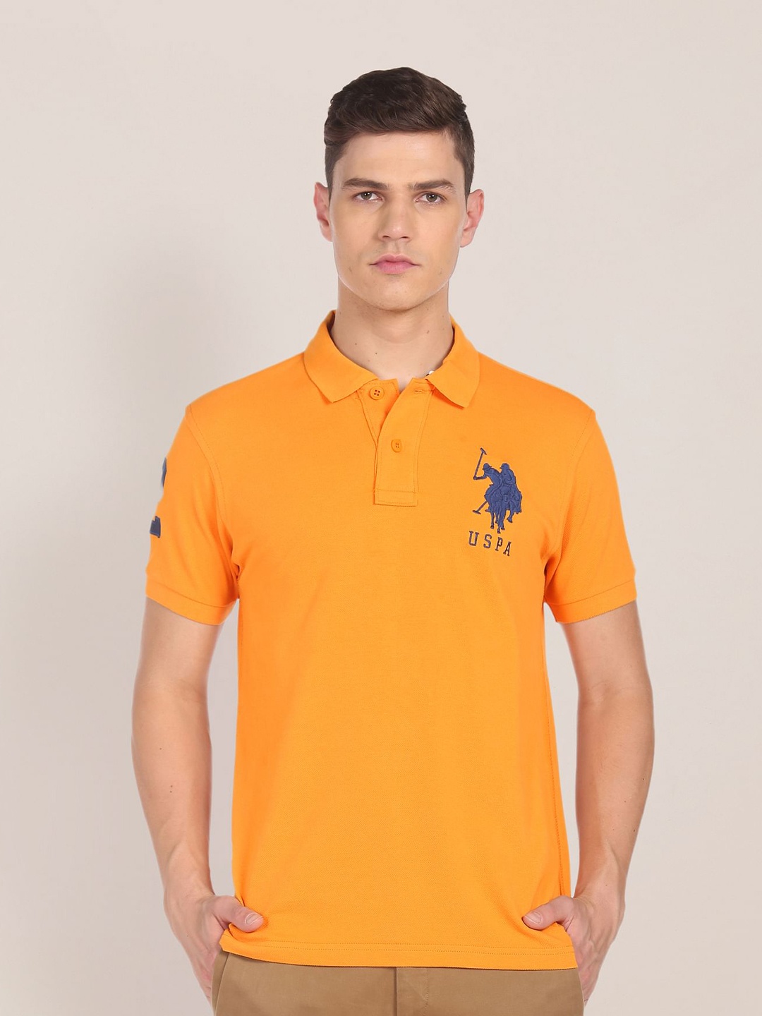 

U S Polo Assn Men Mustard Yellow Polo Collar Pure Cotton Slim Fit T-shirt