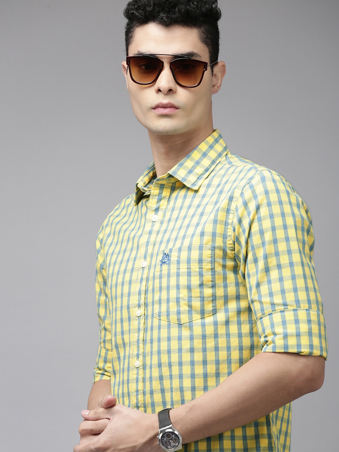 

U S Polo Assn Men Yellow Micro Checks Checked Pure Cotton Casual Shirt