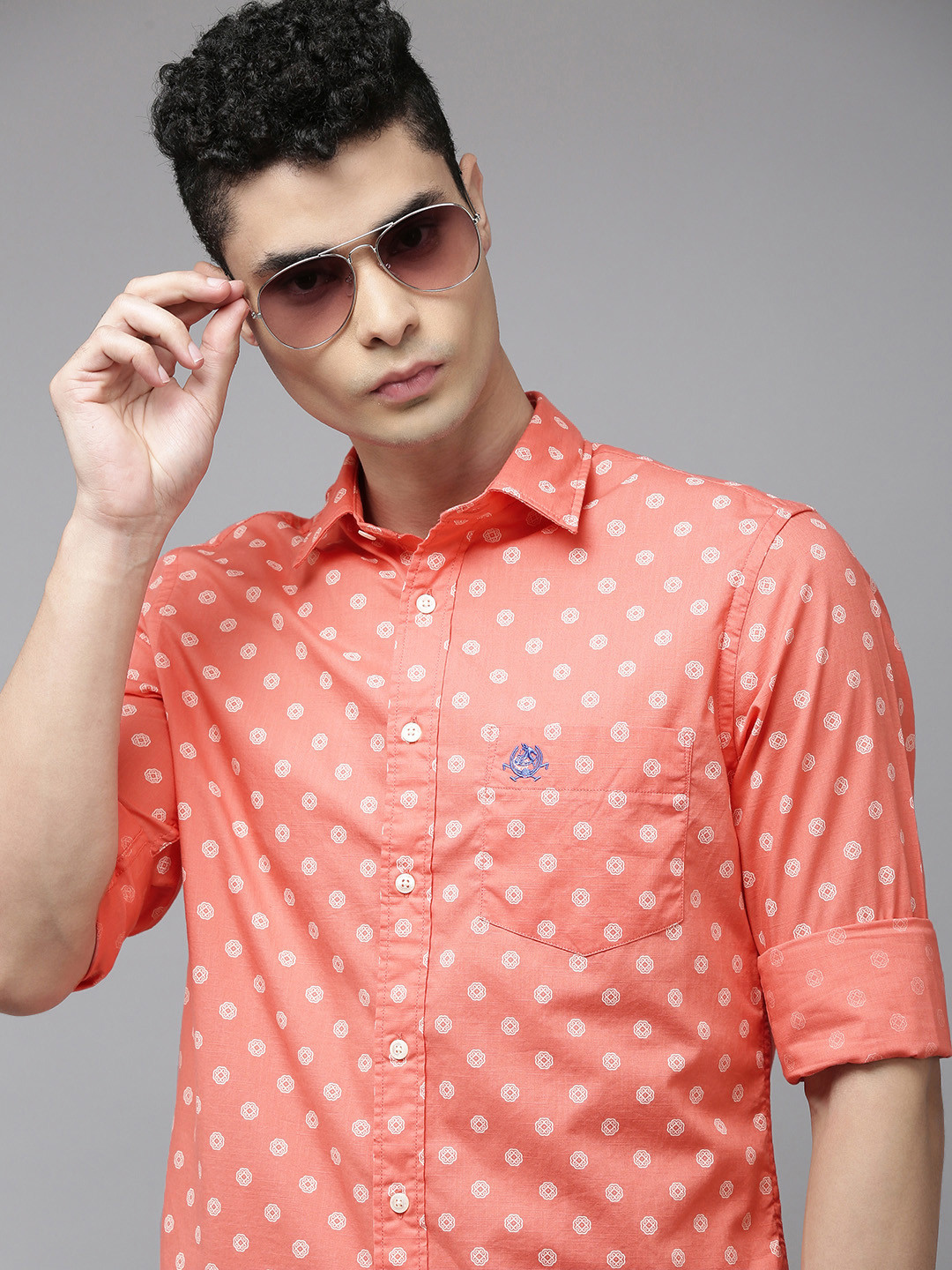 

U S Polo Assn Men Coral Pink And White Tailored Fit Printed Pure Cotton Casual Shirt