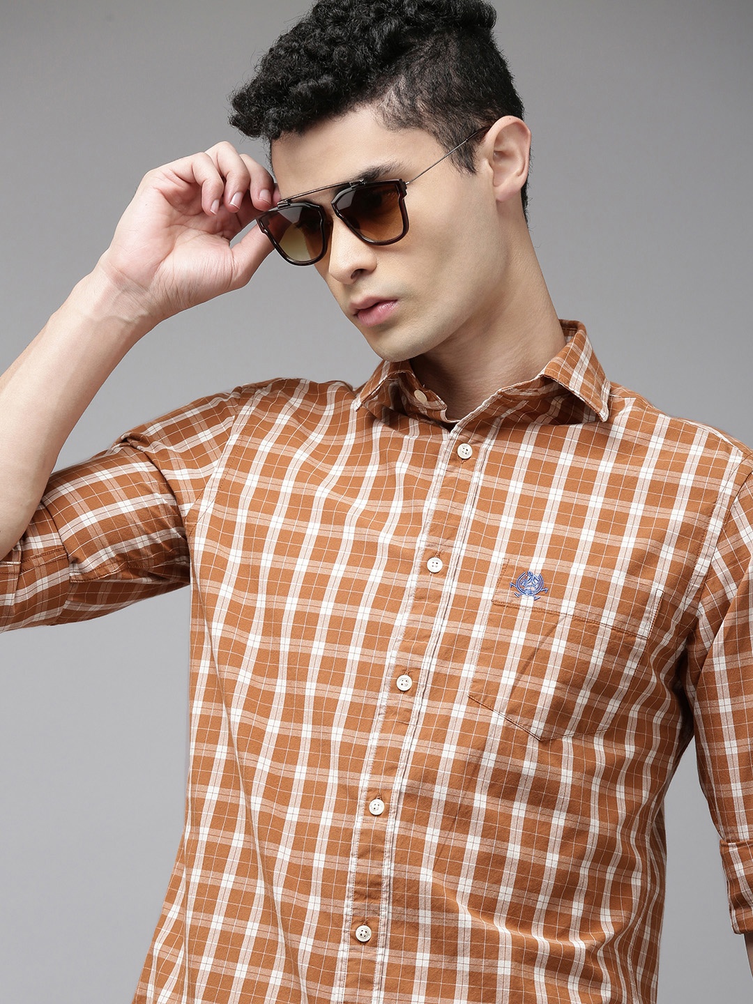 

U S Polo Assn Men Brown Tartan Checks Checked Pure Cotton Casual Shirt