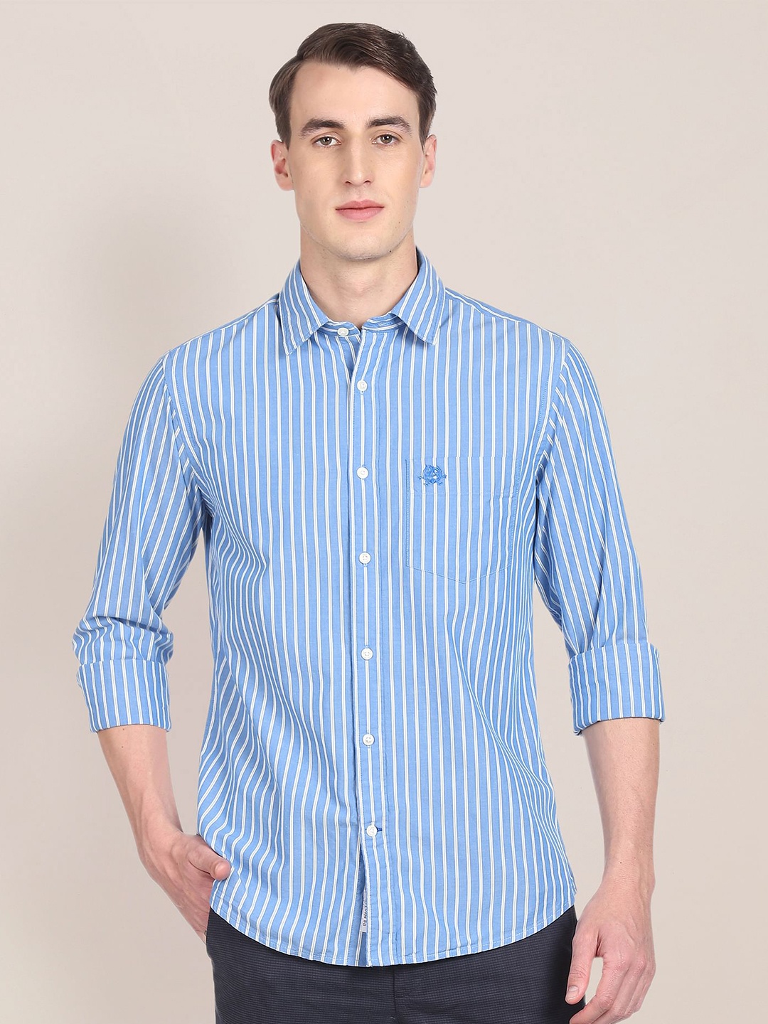 

U S Polo Assn Men Blue And White Tailored Fit Striped Pure Cotton Casual Shirt