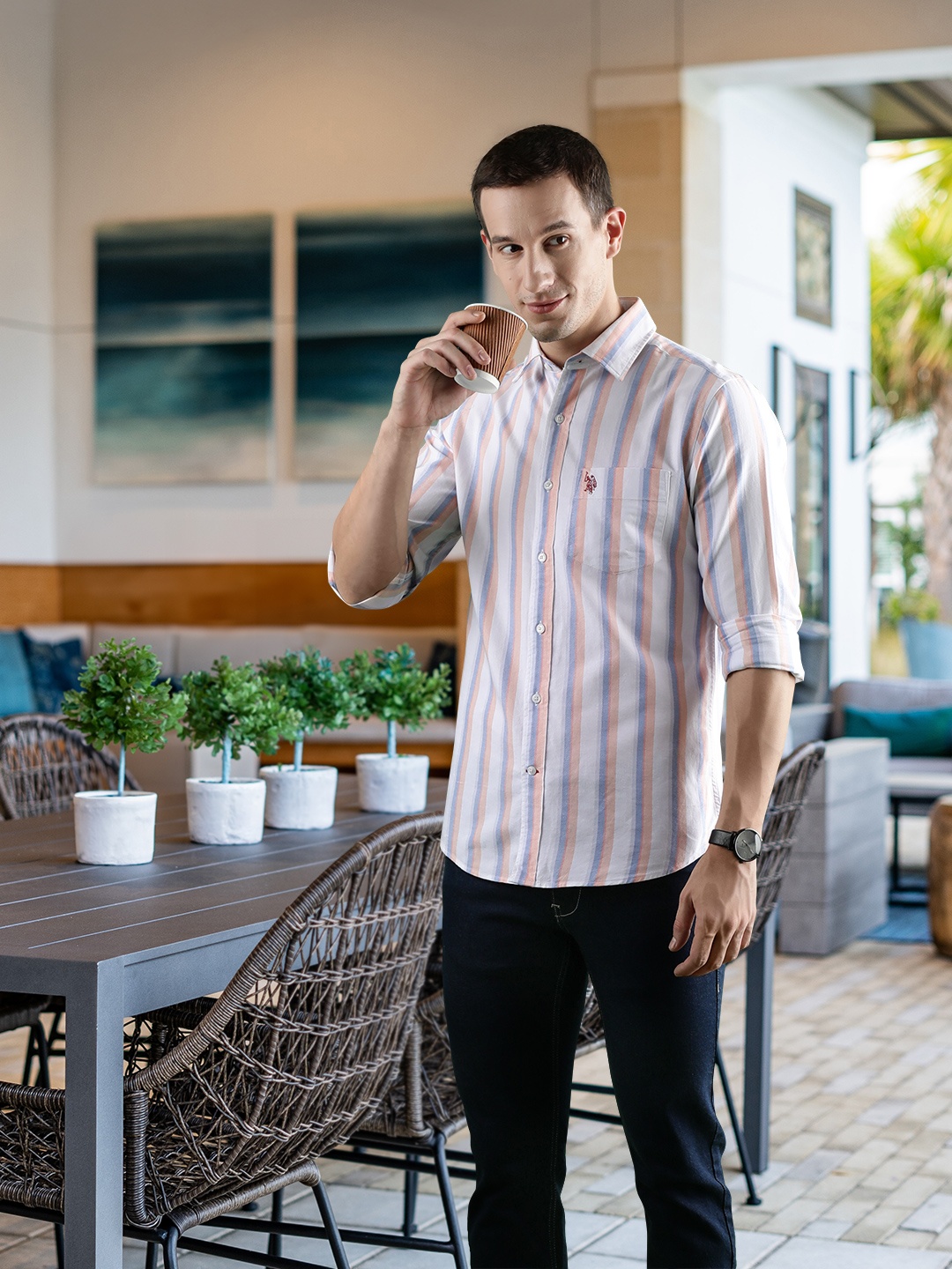 

U S Polo Assn Men White & Blue Tailored Fit Striped Pure Cotton Casual Shirt
