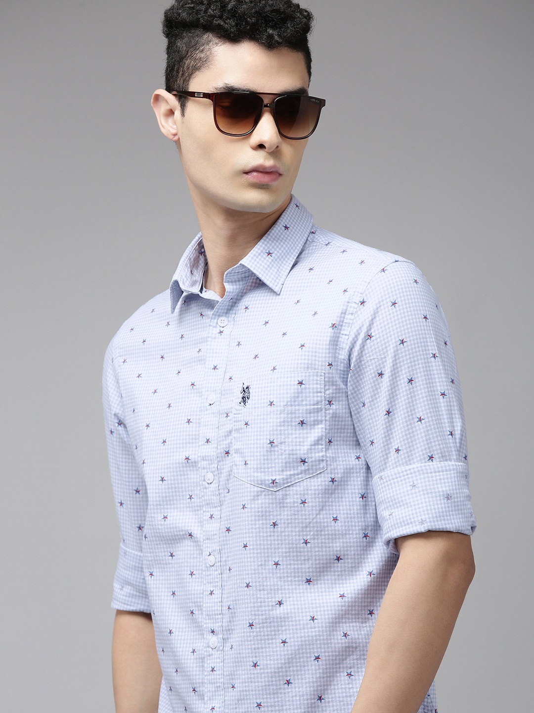 

U S Polo Assn Men Blue & White Tailored Fit Micro Checked Pure Cotton Casual Shirt