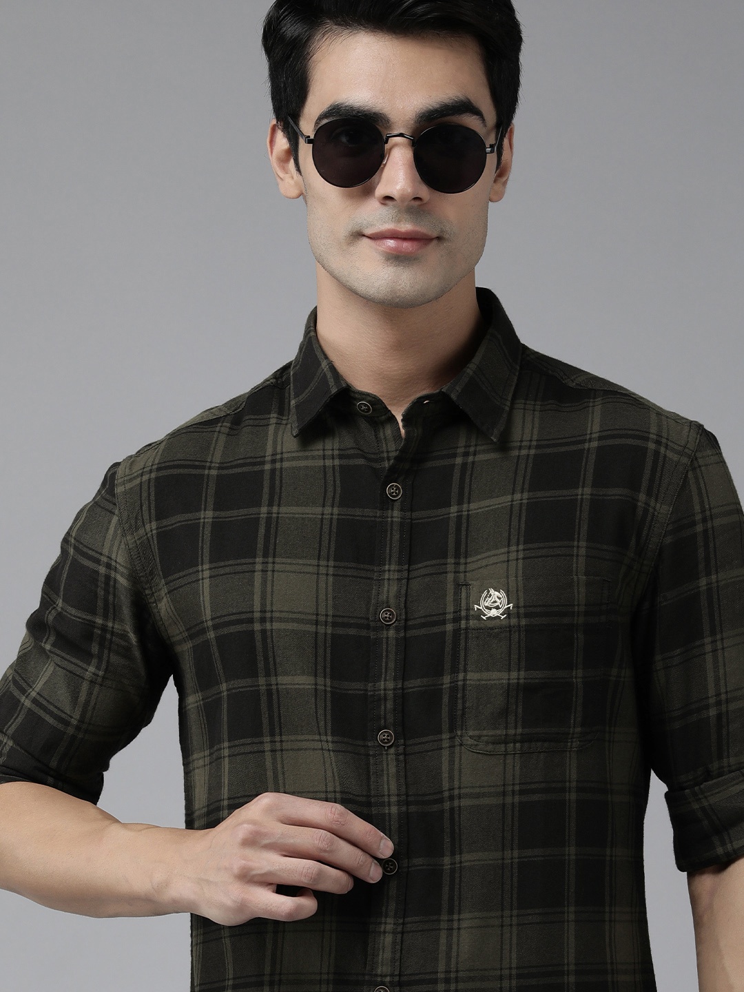 

U S Polo Assn Denim Co Men Olive Green & Black Slim Fit Tartan Checked Cotton Casual Shirt