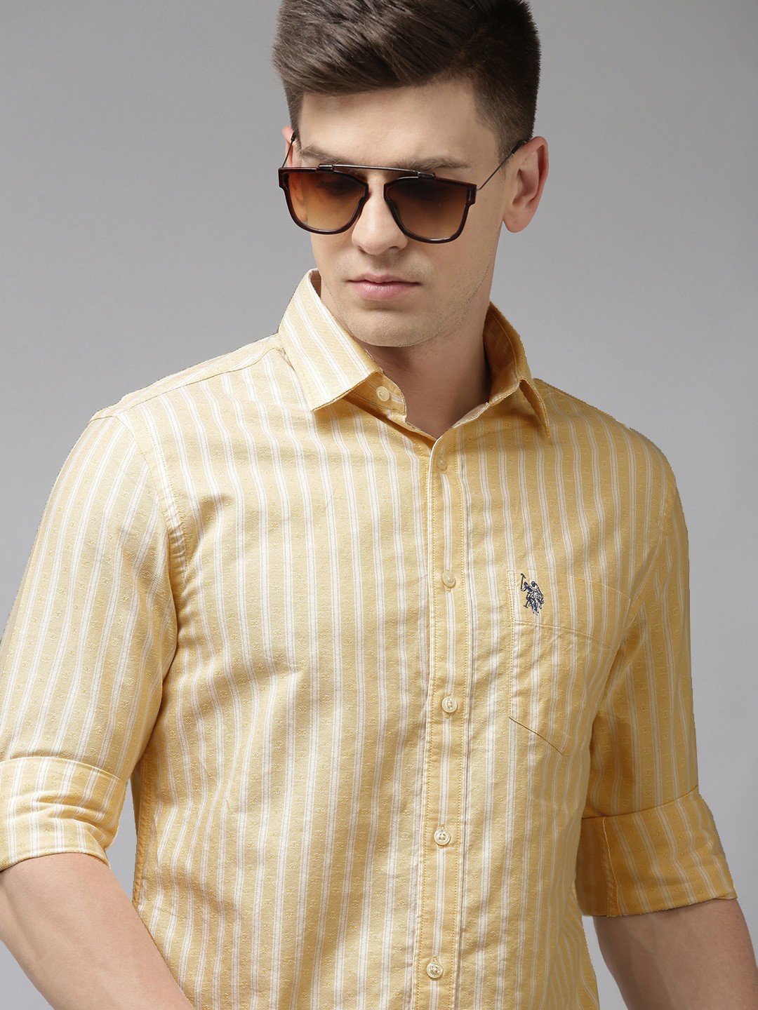 

U S Polo Assn Men Yellow & White Tailored Fit Striped Pure Cotton Casual Shirt