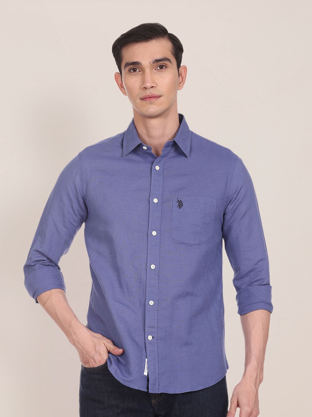 

U S Polo Assn Men Tailored Fit Cotton Linen Casual Shirt, Blue