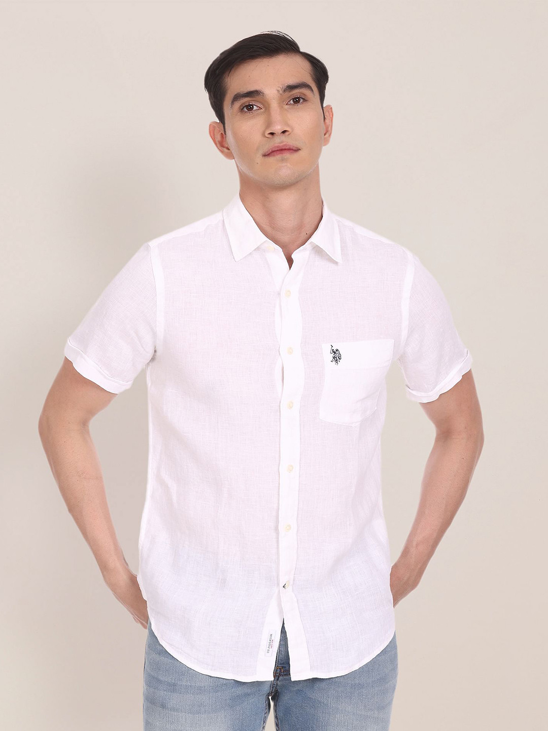 

U S Polo Assn Men Solid Tailored Fit Pure Linen Casual Shirt, White