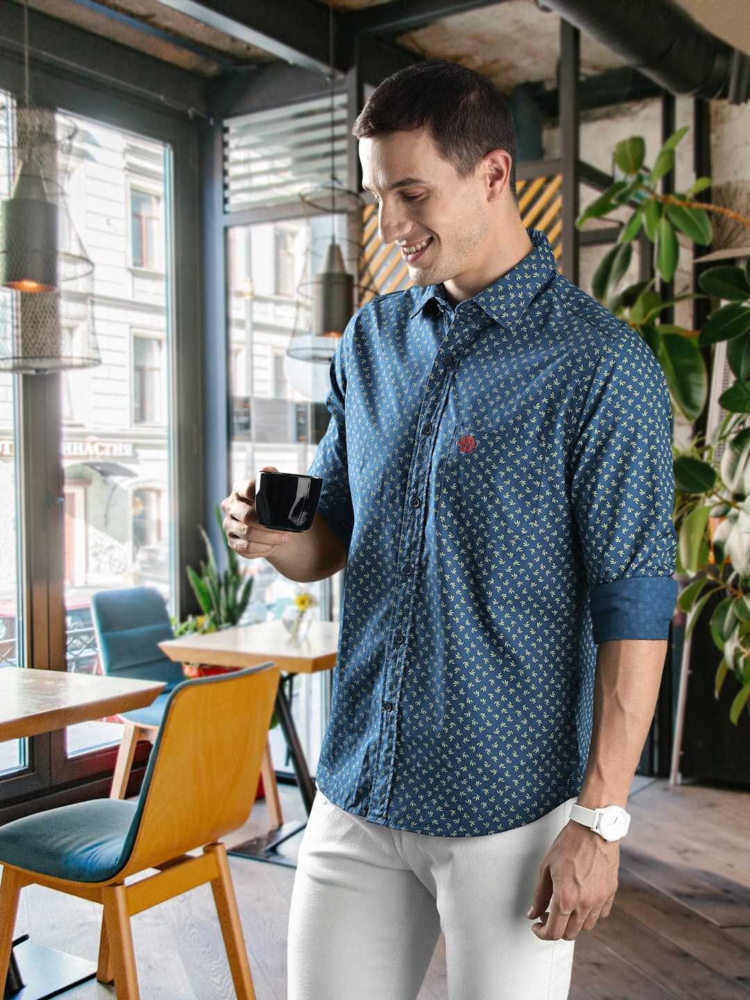 

U S Polo Assn Men Navy Blue Printed Casual Pure Cotton Shirt