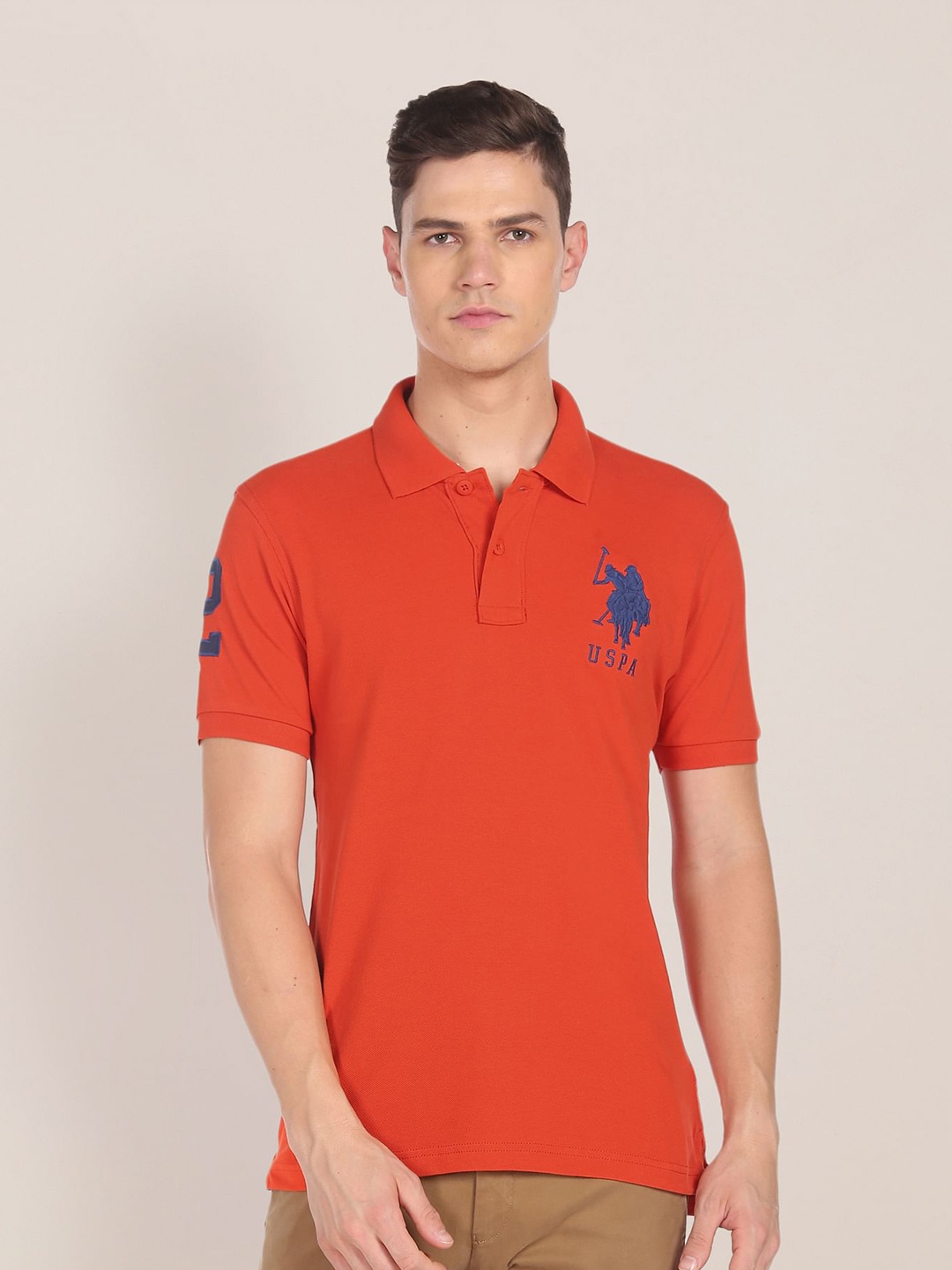 

U S Polo Assn Men Orange Polo Collar Slim Fit Pure Cotton T-shirt