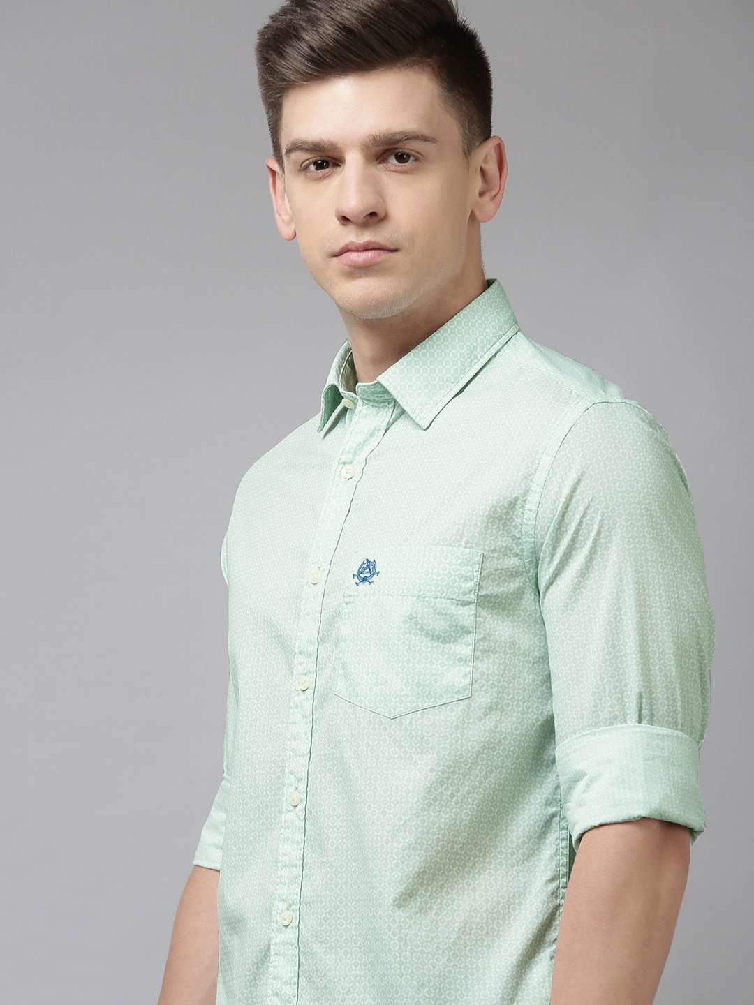 

U S Polo Assn Men Light Green And White Tailored Fit Printed Pure Cotton Casual Shirt