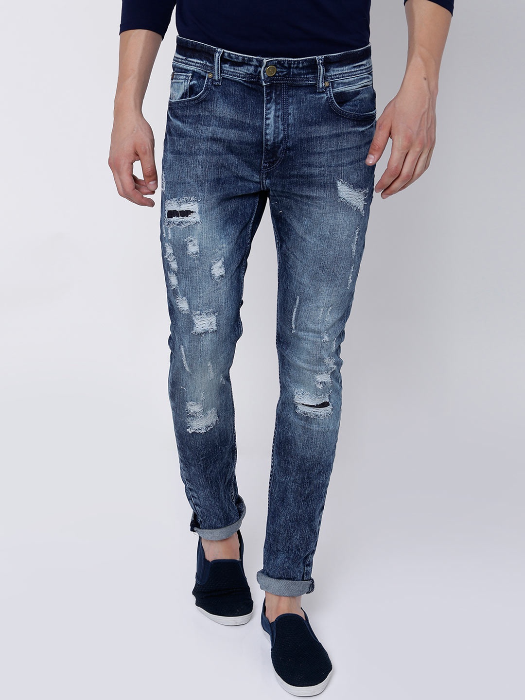 

LOCOMOTIVE Men Blue Dragon Slim Fit Highly Distressed Stretchable Jeans
