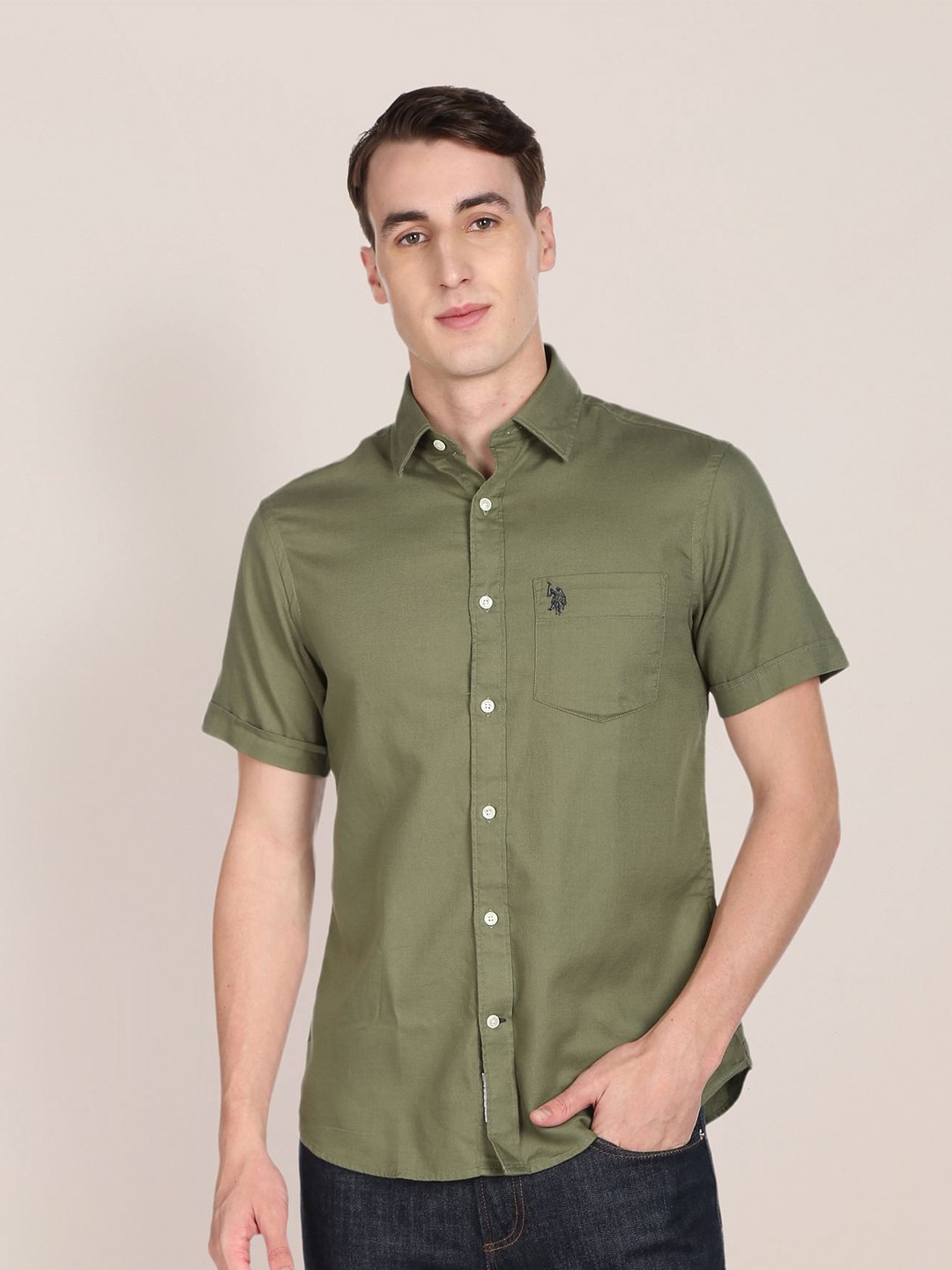 

U S Polo Assn Men Olive Green Tailored Fit Pure Cotton Casual Shirt