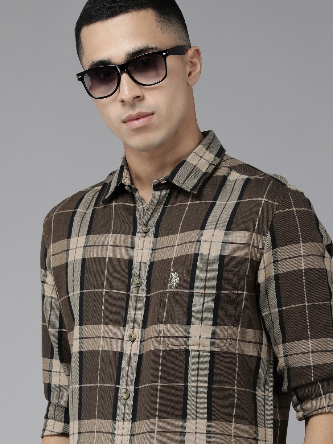 

U S Polo Assn Denim Co Men Brown Slim Fit Tartan Checks Pure Cotton Casual Shirt
