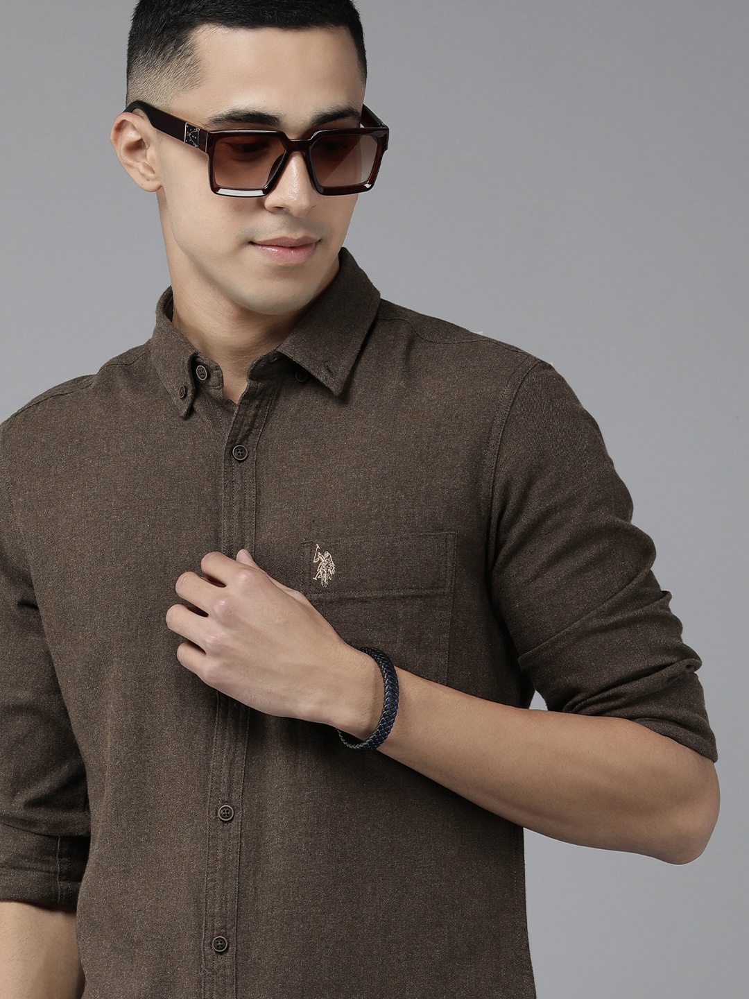 

U S Polo Assn Denim Co Men Brown Solid Slim Fit Pure Cotton Casual Shirt