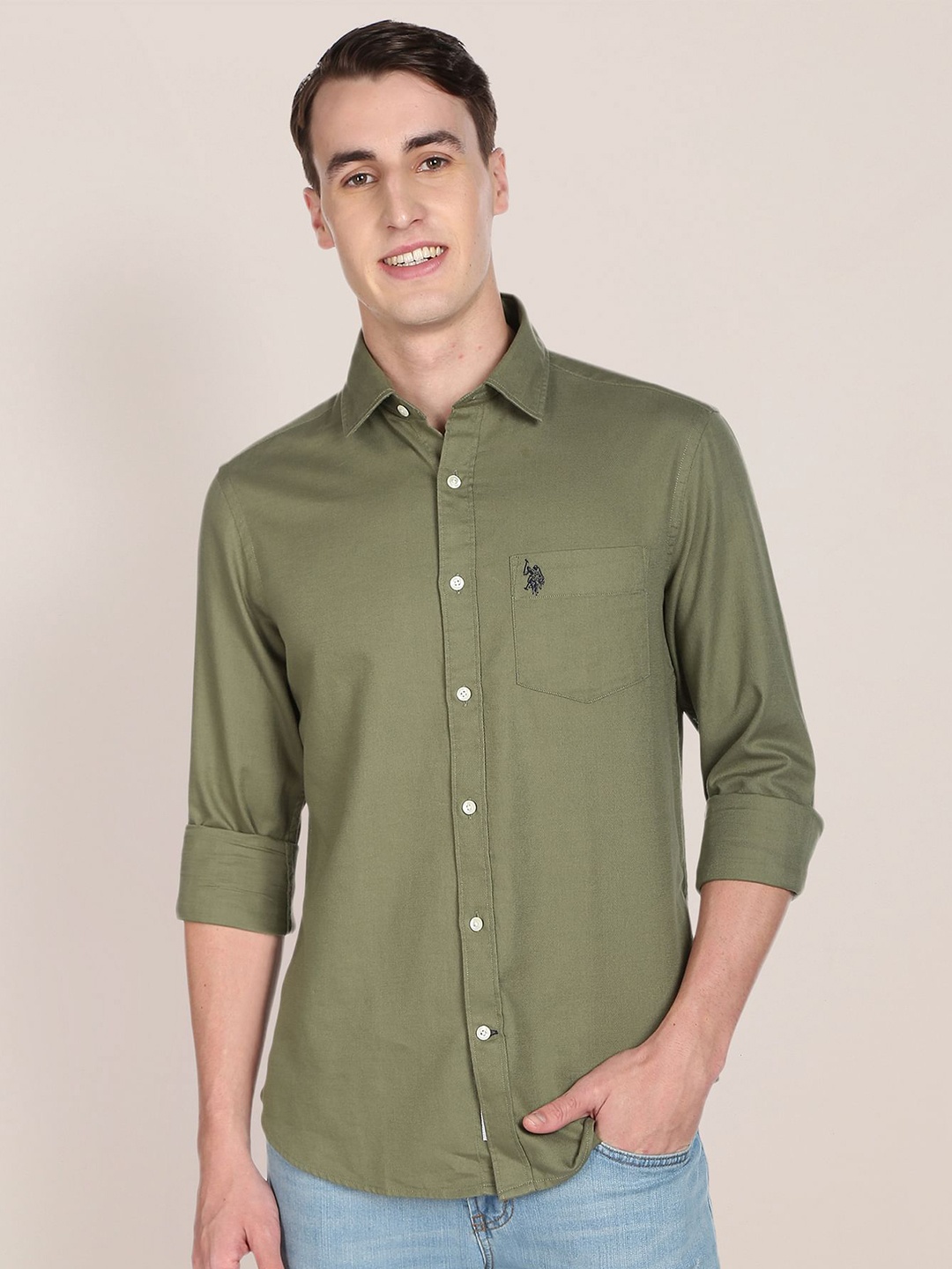 

U S Polo Assn Men Olive Green Solid Tailored Fit Pure Cotton Casual Shirt