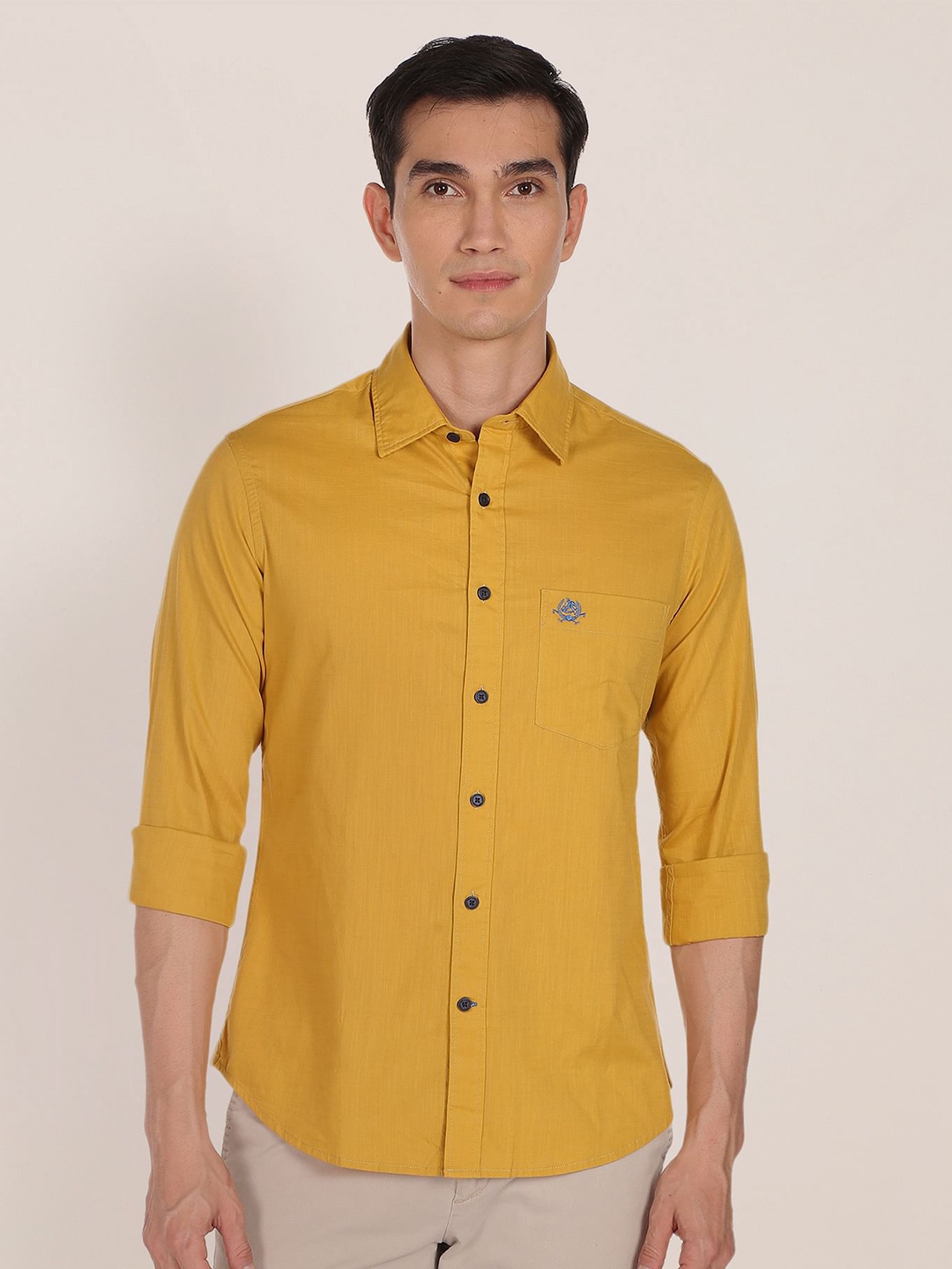 

U.S. Polo Assn. Men Mustard Yellow Tailored Fit Solid Pure Cotton Casual Shirt With Pocket