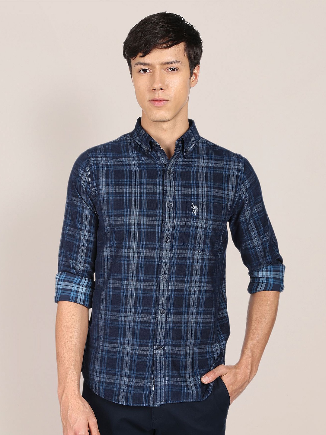 

U S Polo Assn Men Navy Blue Tailored Fit Tartan Checked Corduroy Cotton Casual Shirt