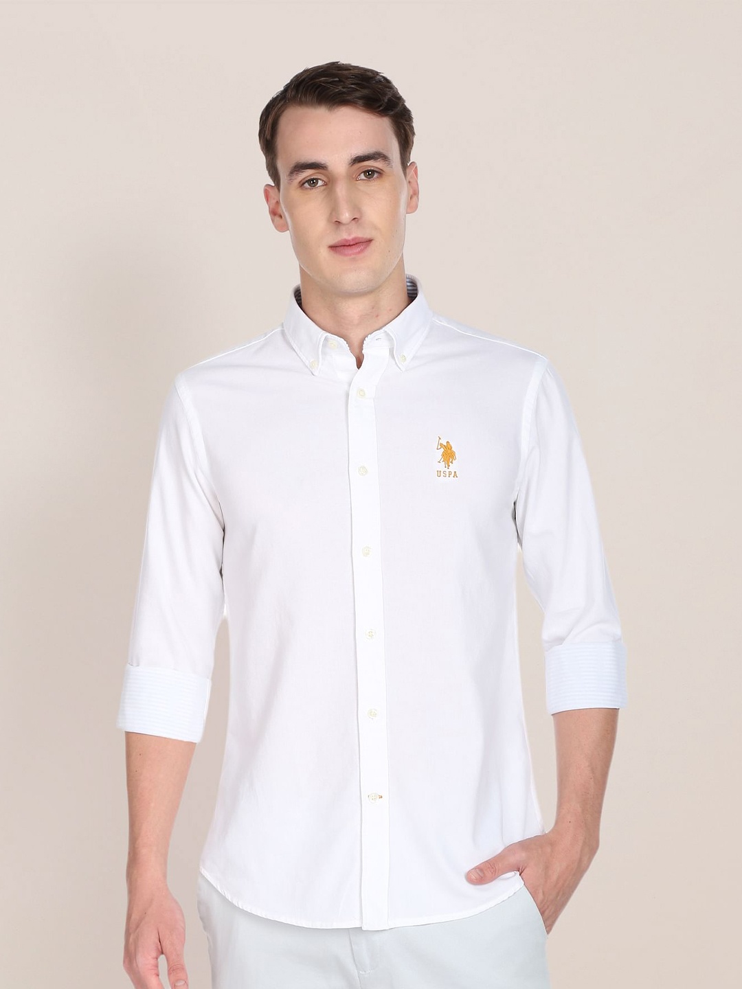 

U S Polo Assn Men White Solid Tailored Fit Pure Cotton Casual Shirt